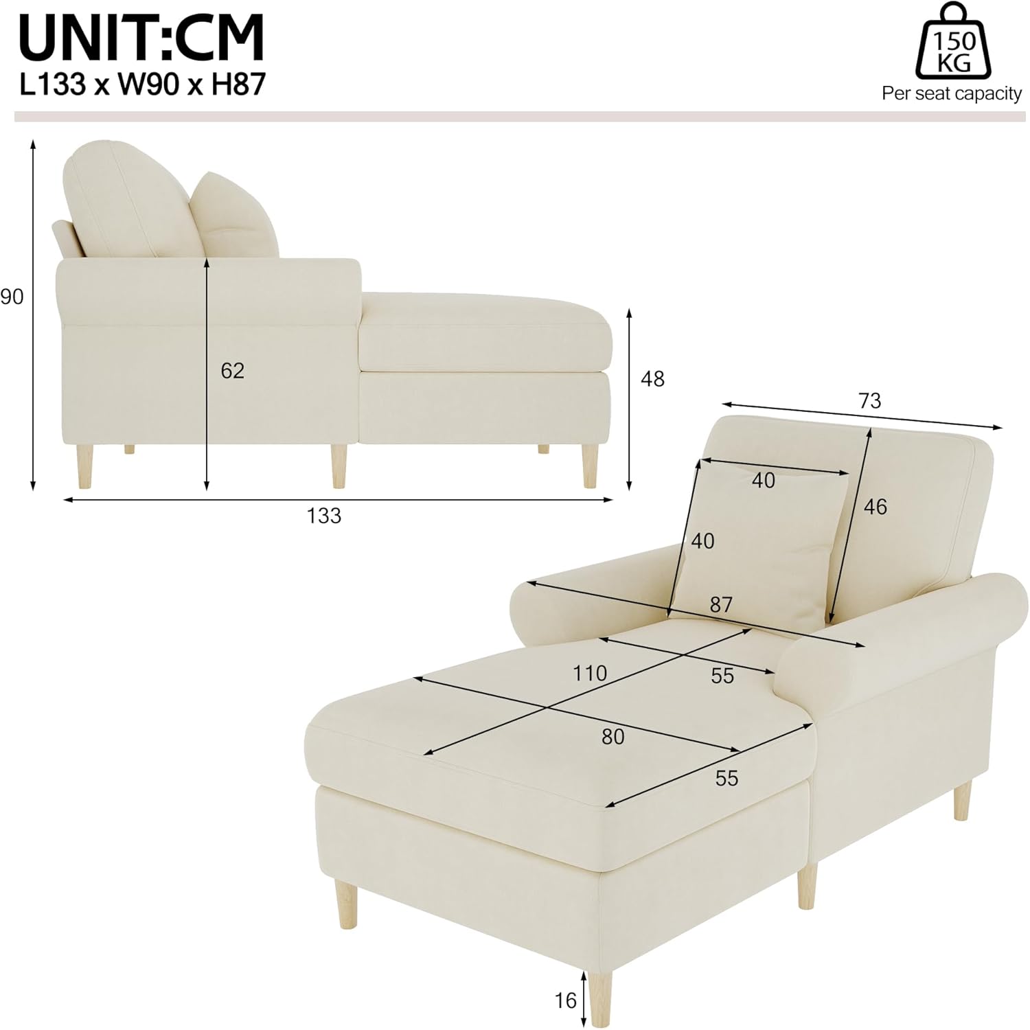 Gepolsterter Relaxsessel, klappbarer Schlafsessel, bequemer Lesesessel, Lounge-Sessel, XXL großer Lesesessel, samtbezogener Lounge-Sessel, Sitzsack für Wohn- und Schlafzimme (Beige)