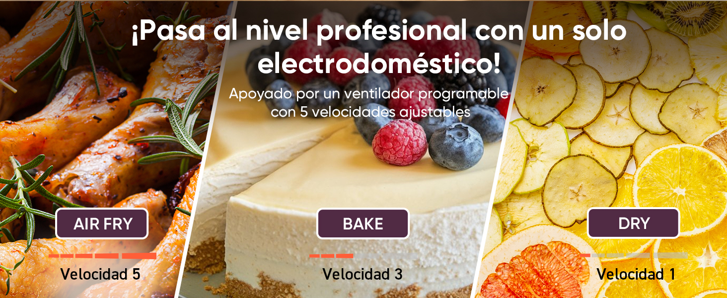 El texto dice «¿Pasa el nivel profesional con un solo electrodoméstico?» Texto en español superpuesto sobre una imagen de fondo relacionada con la comida.
