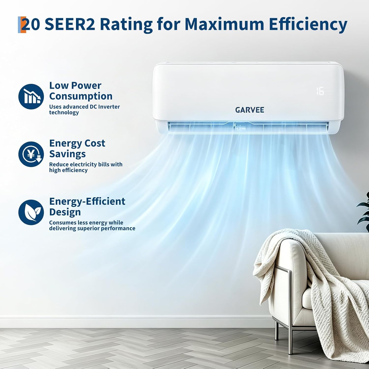 Garvee A++ Split-Klimaanlage 24000 BTU (7,2 kW), Inverter – Heiz- & Kühlfunktion, sehr leise (19 dB), antibakterieller Verdampfer, Aktivkohlefilter, WiFi & App-Steuerung, inkl. Montagematerial –