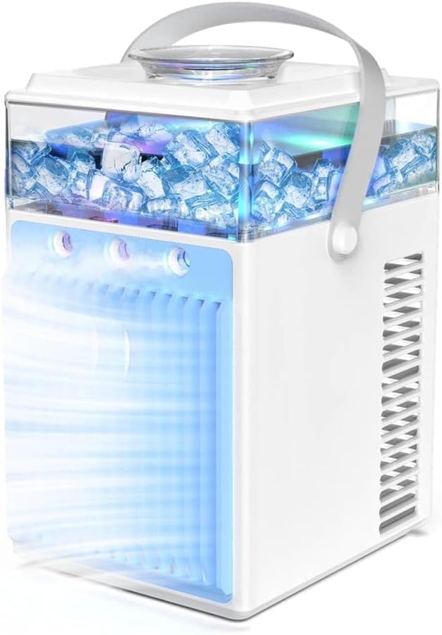 Tragbare Klimaanlagen, 5 in 1 Mini AC Klimaanlage Ventilator mit 3 Geschwindigkeiten & 3 Sprüh- & App-Steuerung & Timer, Verdunstungsluftkühler Leise Persönlicher Kühlventilator für Campingzimmer
