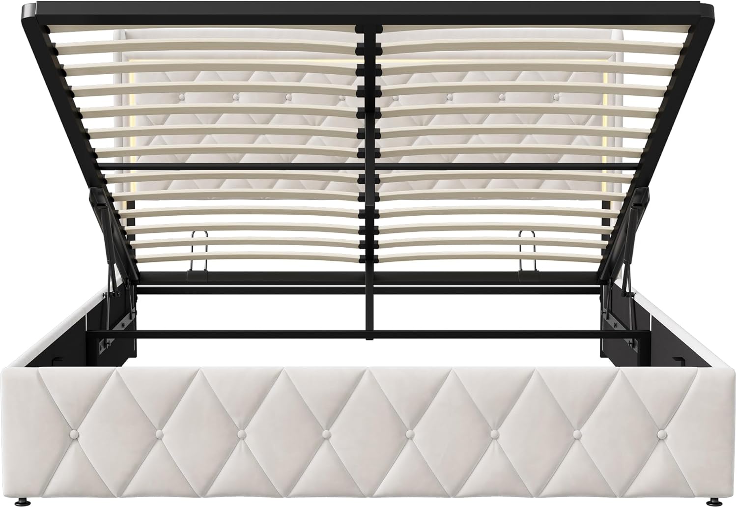 Bett 140x200 mit stauraum, Polsterbett mit LED-Kopfteil, Doppelbett mit USB und Lattenrost, Hydraulischem Stauraum und Metallrahmen, Jugendbett, Bettgestell, Boxspringbett, Samt Beige, Ohne Matratze