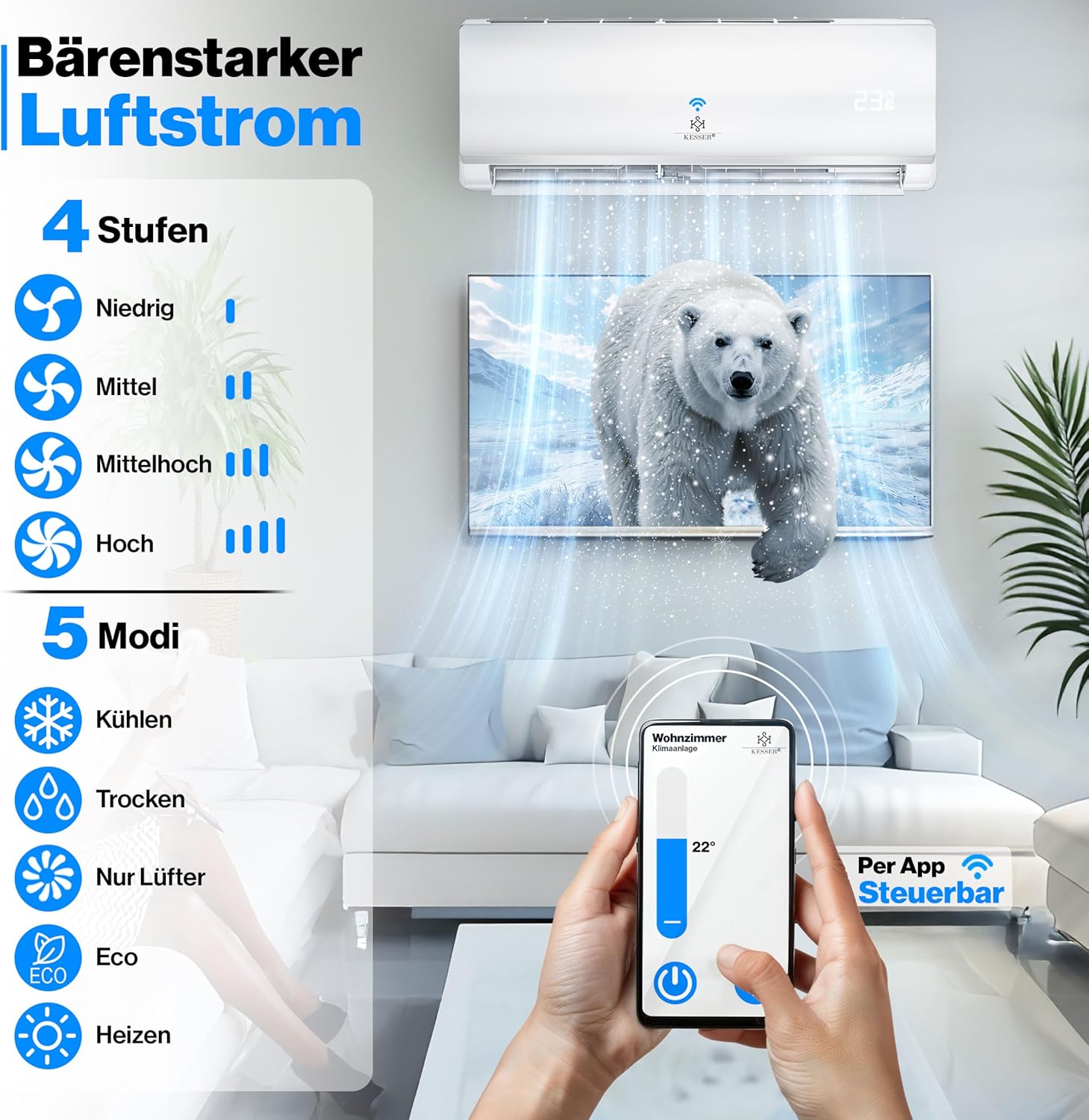 KESSER® Klimaanlage SET Split - mit WiFi/App Funktion Klimagerät - Kühlen A++/ Heizen A+ -12000 BTU/h (3.400 Watt) Sehr Leise, Kältemittel R32 - Fernbedienung, Timerfunktion - Inkl. Montagematerial