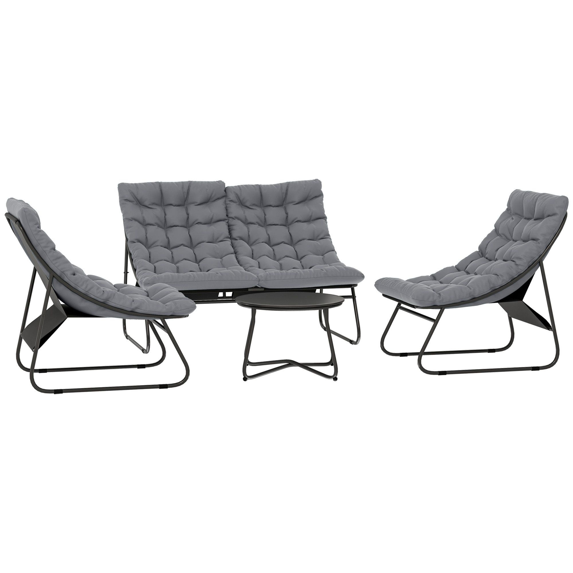 4-persoons tuinmeubelset, 2 stoelen, 1 dubbelsofa, 1 tafel met glasplaat, dikke kussens, stalen frame, voor terras, Grijs