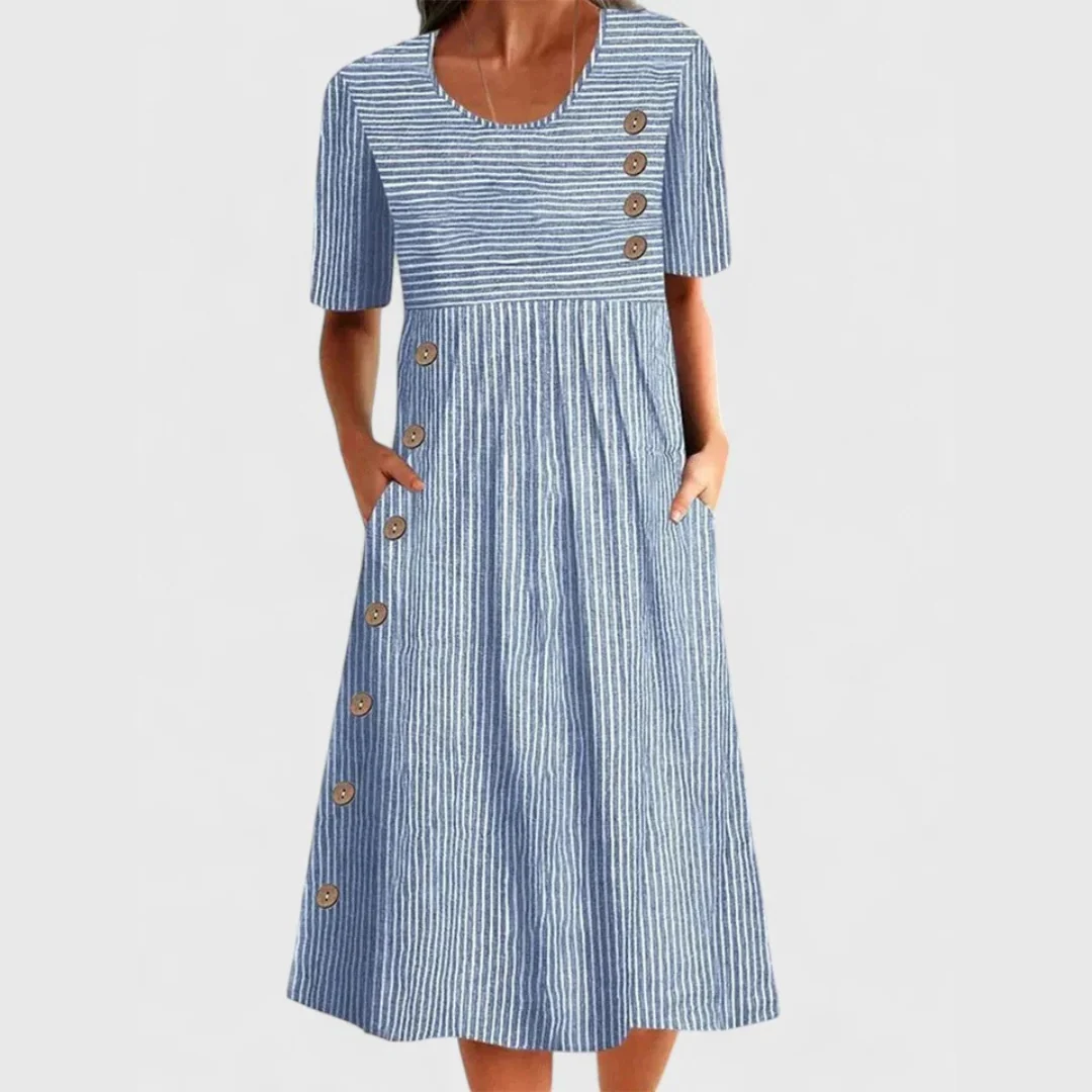 Gestreiftes Midi-Sommerkleid f��r Damen mit Knopfdetails