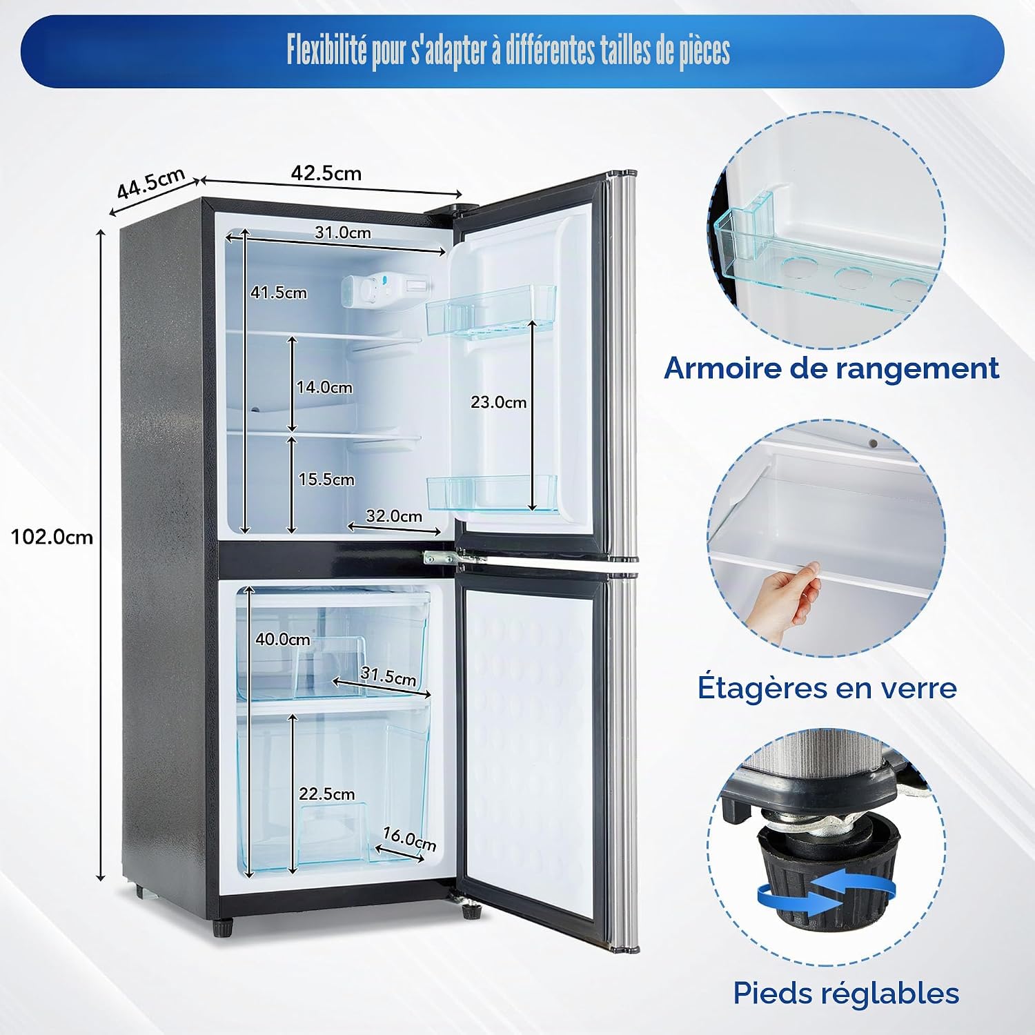 Merax Réfrigérateur-congélateur à deux portes avec volume total de 106 l, 42,5 x 44,5 x 102,0 cm, volume de congélation 46 l, 120 kWh/an, -25 °C ~ 10 °C, 45 dB, lumière LED/argent