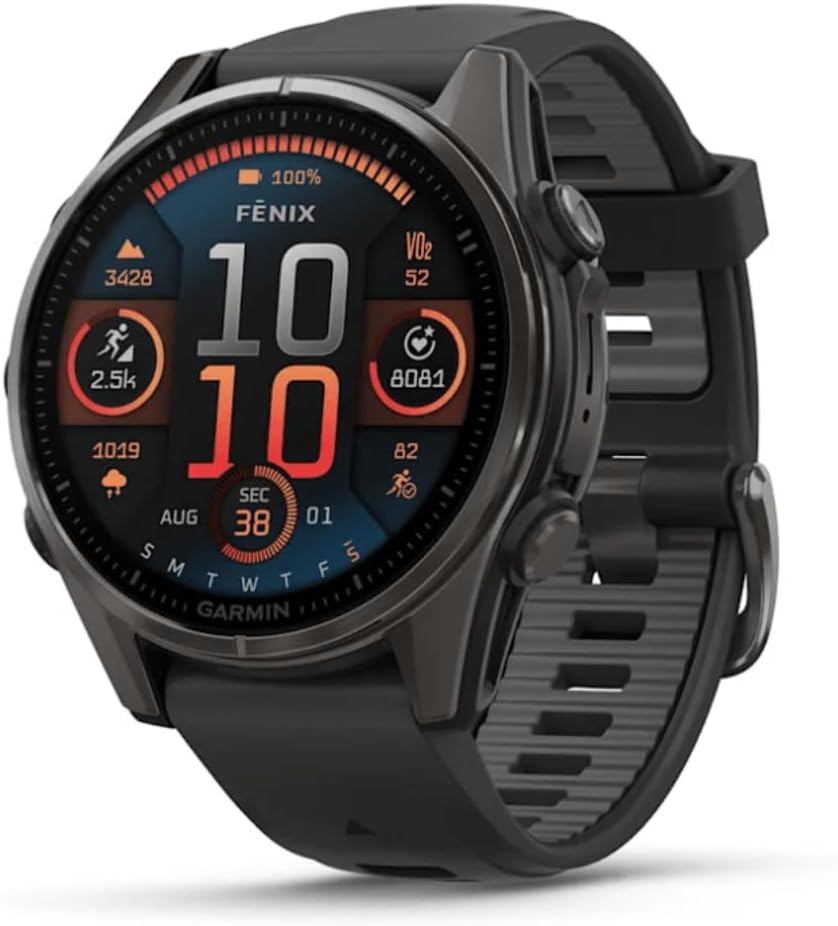 Fenix 8–43 mm, AMOLED, Saphir, Carbongrau, DLC Titan mit schwarz/kieselgrauem Silikon