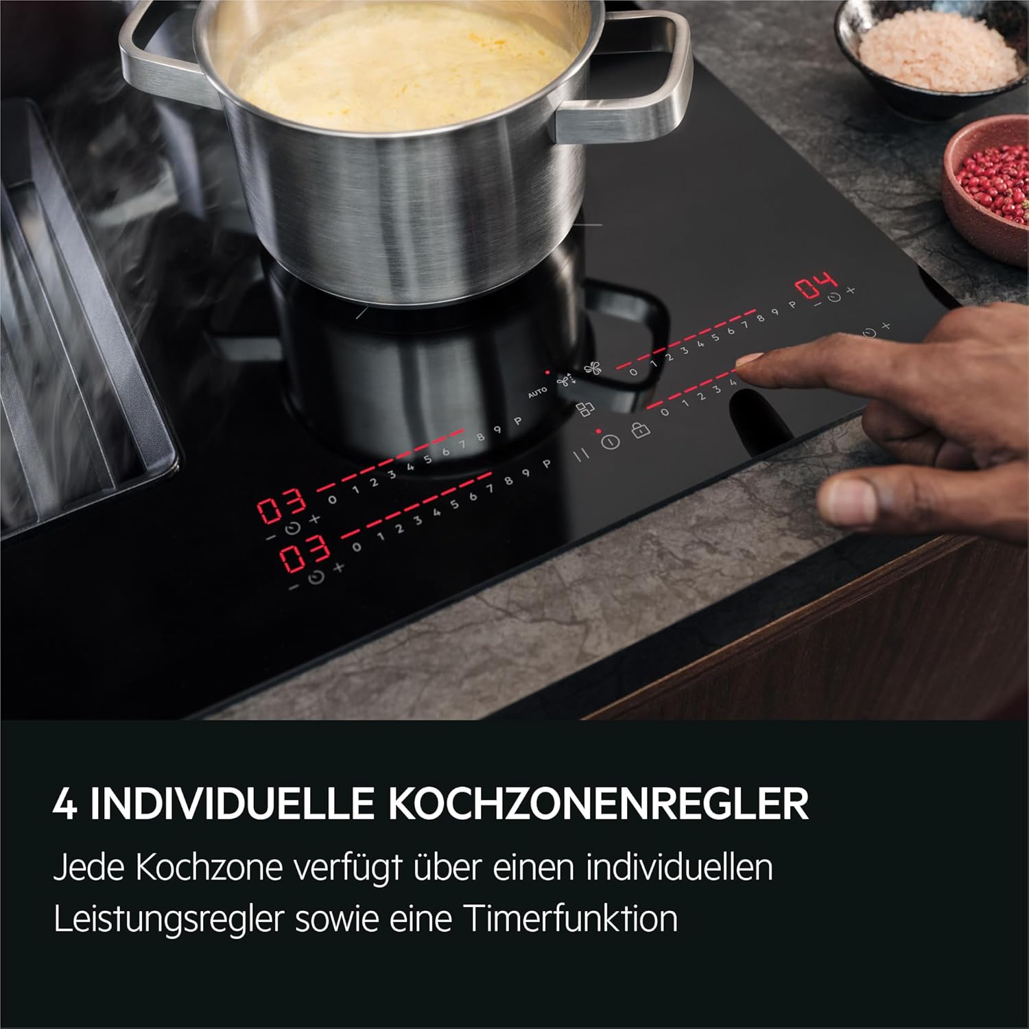 AEG Induktionskochfeld autark 80cm mit Dunstabzug / Made in Germany / 4 Flex-Kochzonen mit Bridge (Kombination 2er Zonen) / Auto-Funktion des Dunstabzugs / Aktivkohlefilter / COLI84COXB