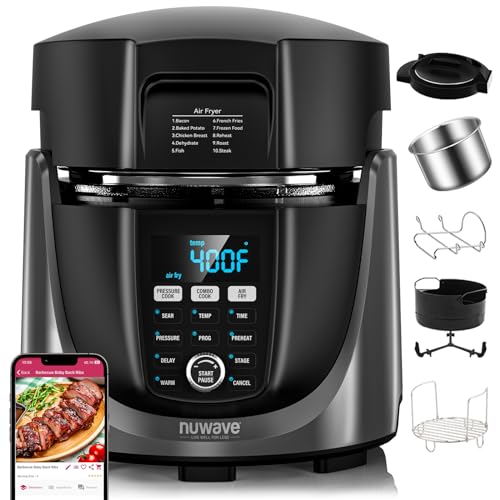 Nuwave Duet Air Fryer and Electric Pressure Cooker Combo with 2 Switchable Lids, 300 FoolProof One Touch Presets, Crisp&Tender Tech, 6QT Heavy duty Stainless Steel Pot, 15  Safety Features : Home & Kitchen