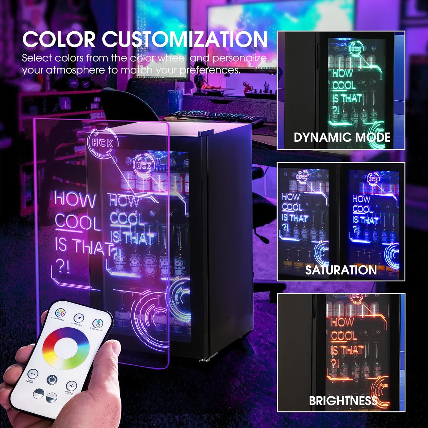 HCK Réfrigérateur Pour Boissons, Mini Frigo Avec éclairage Moderne Cyberpunk, 98L Petit Frigo Silencieux de 0-10°C, Mini Bar Intérieur, Pour Salle de Jeux, Fête, Noir.