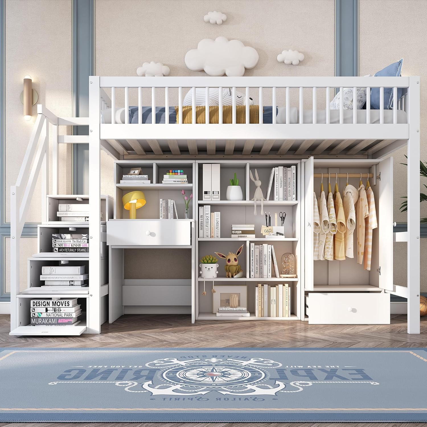 Kinderbett Etagenbett 90x200, Hochbett mit Kleiderschrank&Schließfächern&Schubladen&Schreibtisch&Treppe, Einzelbett Holzbett Jugendbett mit Lattenrost&Rausfallschutz, Massivholz, Ohne Matratze, Weiß