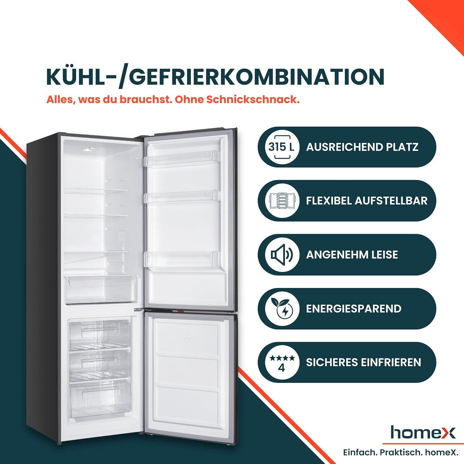 homeX Kühlschrank mit Gefrierfach, Kühl-Gefrier-Kombination freistehend, groß - 315 Liter, 4-Sterne Gefrieren, Super-Frost-Funktion, leise, EEK C, XXL Kühl Gefrierkombination silber, CFS3151C-S