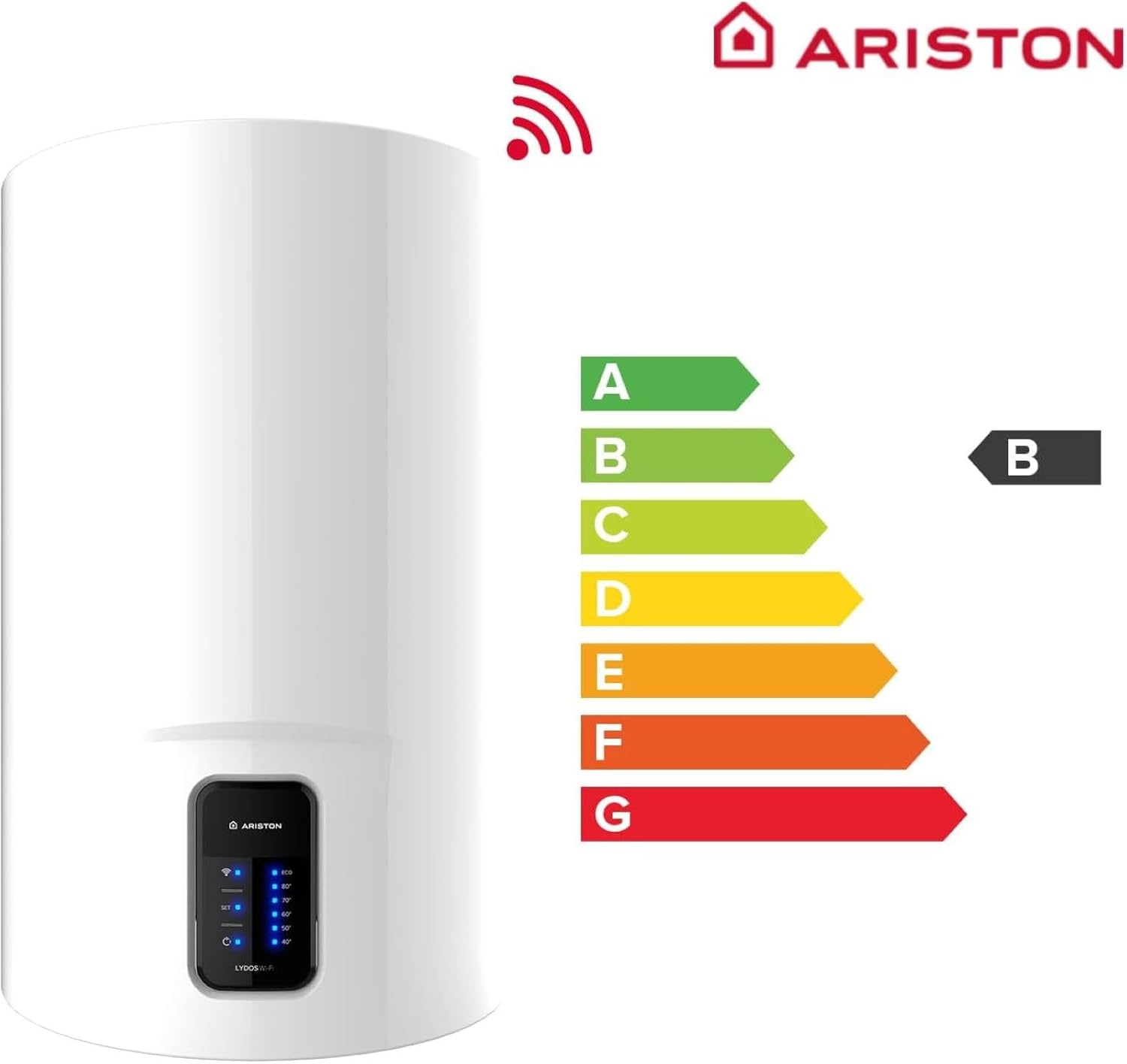Ariston, Lydos Wifi - Termo Eléctrico 50 Litros Vertical, Calentador de Agua Eléctrico con ECO-EVO 47x45x55,3 cm, Calentadores para Instalación en España, Eficiencia B Rango(A+/F) Compatible con Alexa