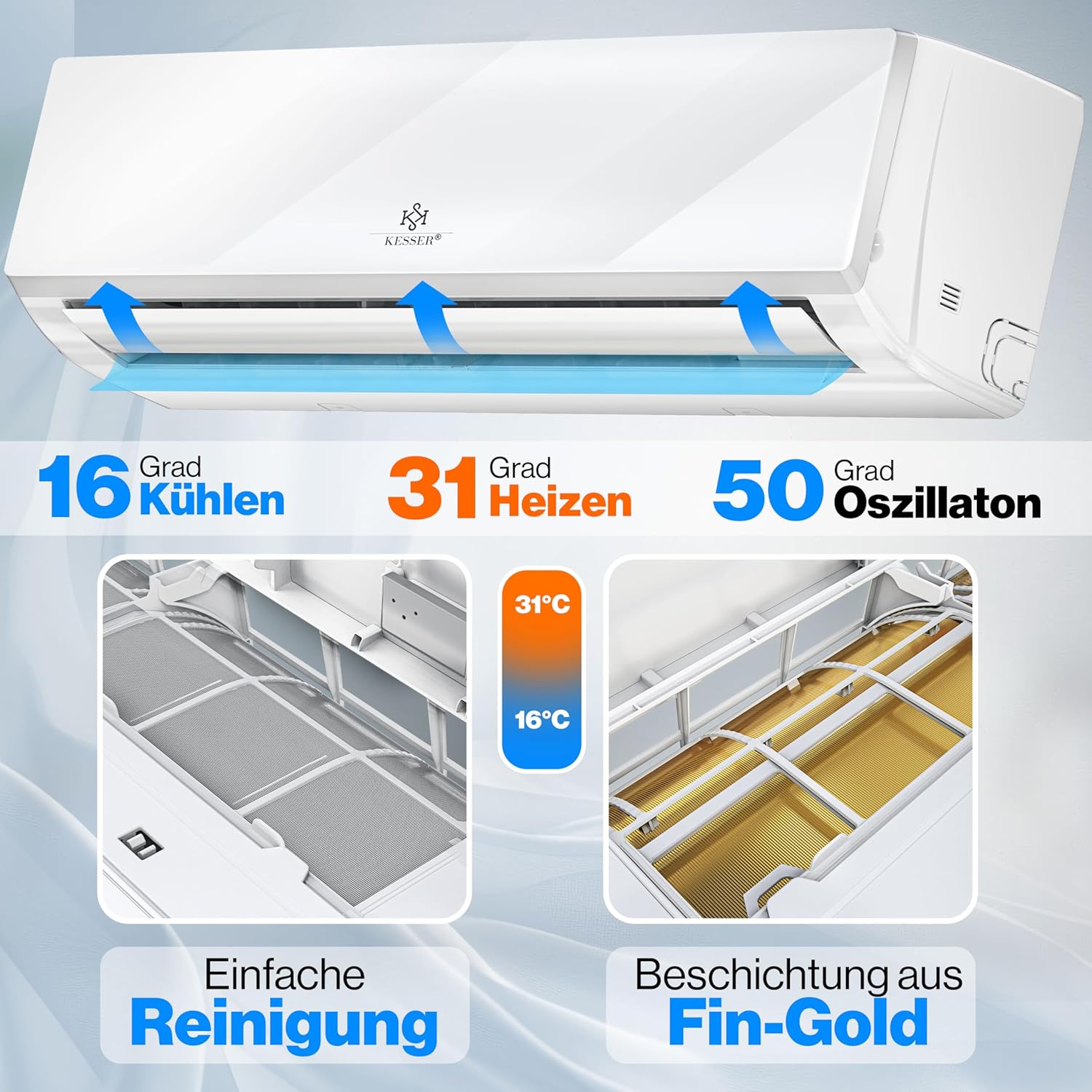 KESSER® Klimaanlage Set Split, WiFi/App Funktion Klimagerät, Kühlen A++/Heizen A+ -9000 BTU/h (2.600 W) sehr leise, Kältemittel R32, Fernbedienung, Timerfunktion, Montagematerial [Energieklasse A++]