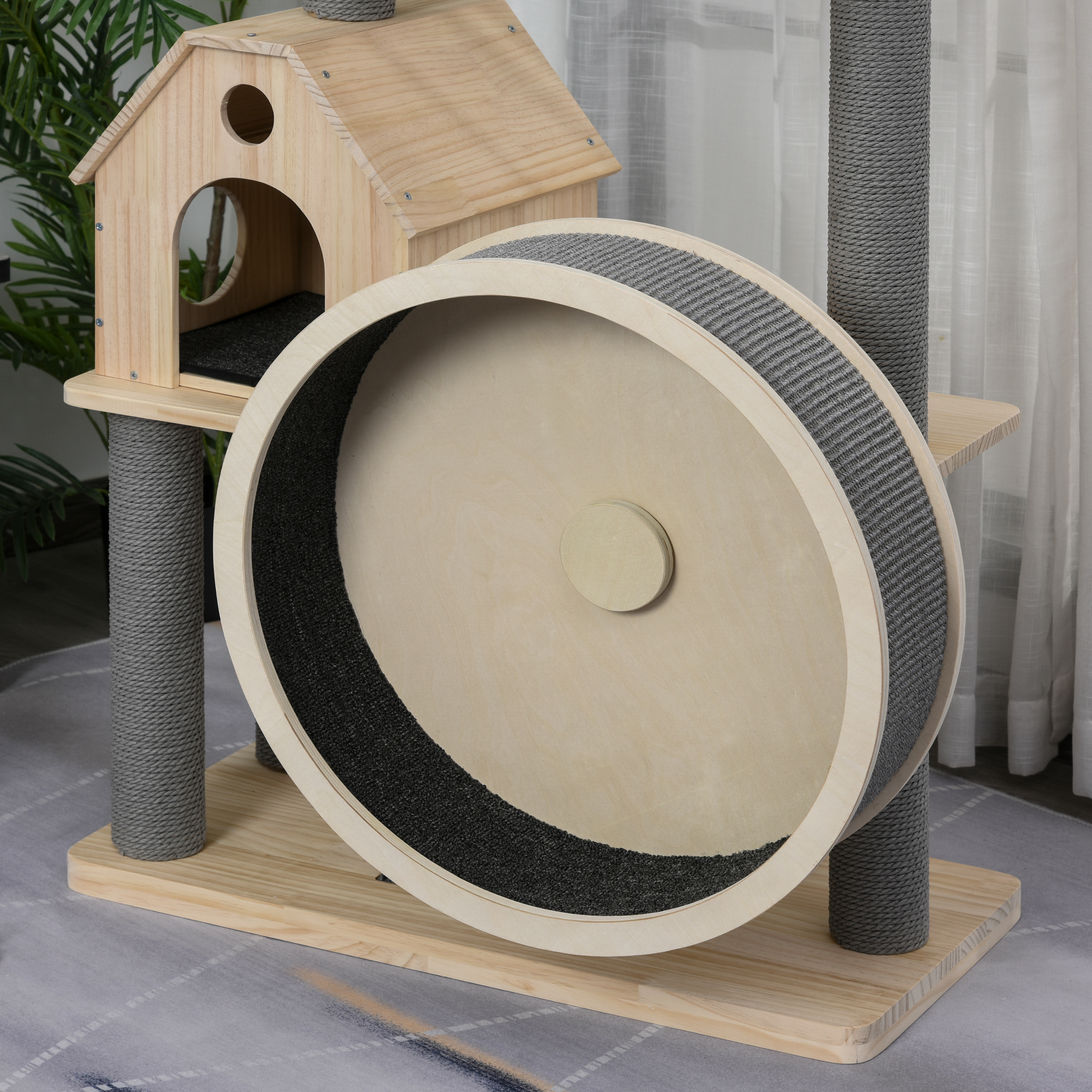 Kattenboom met loopwiel krabpaal met 4 verdiepingen kattenhuis met sisalpalen massief hout