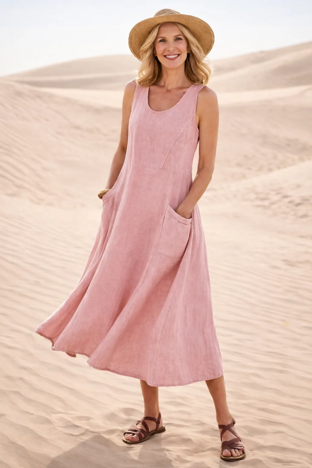 ?rmelloses A-Linien Midi-Kleid f��r Damen | Bequemes Freizeitkleid mit praktischen Taschen und lockerem Schnitt f��r den Alltag