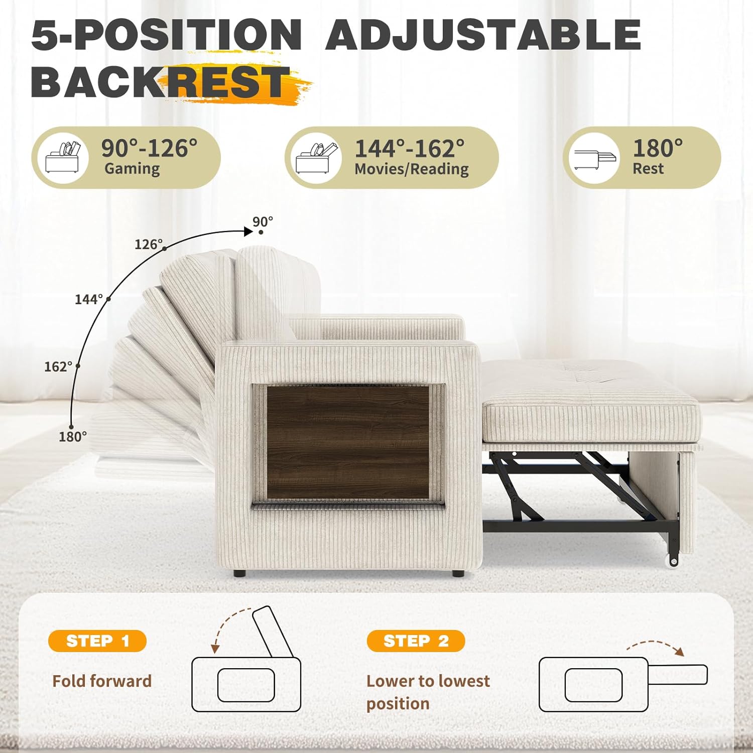 YOUDENOVA Sofá Cama 3 en 1, Sillón Cama multifunción, Sofá reclinable con Respaldo Regulable en 5 Posiciones, Sofá Cama para 2 Personas con Mesa y Bolsillos Laterales, Pana Beige