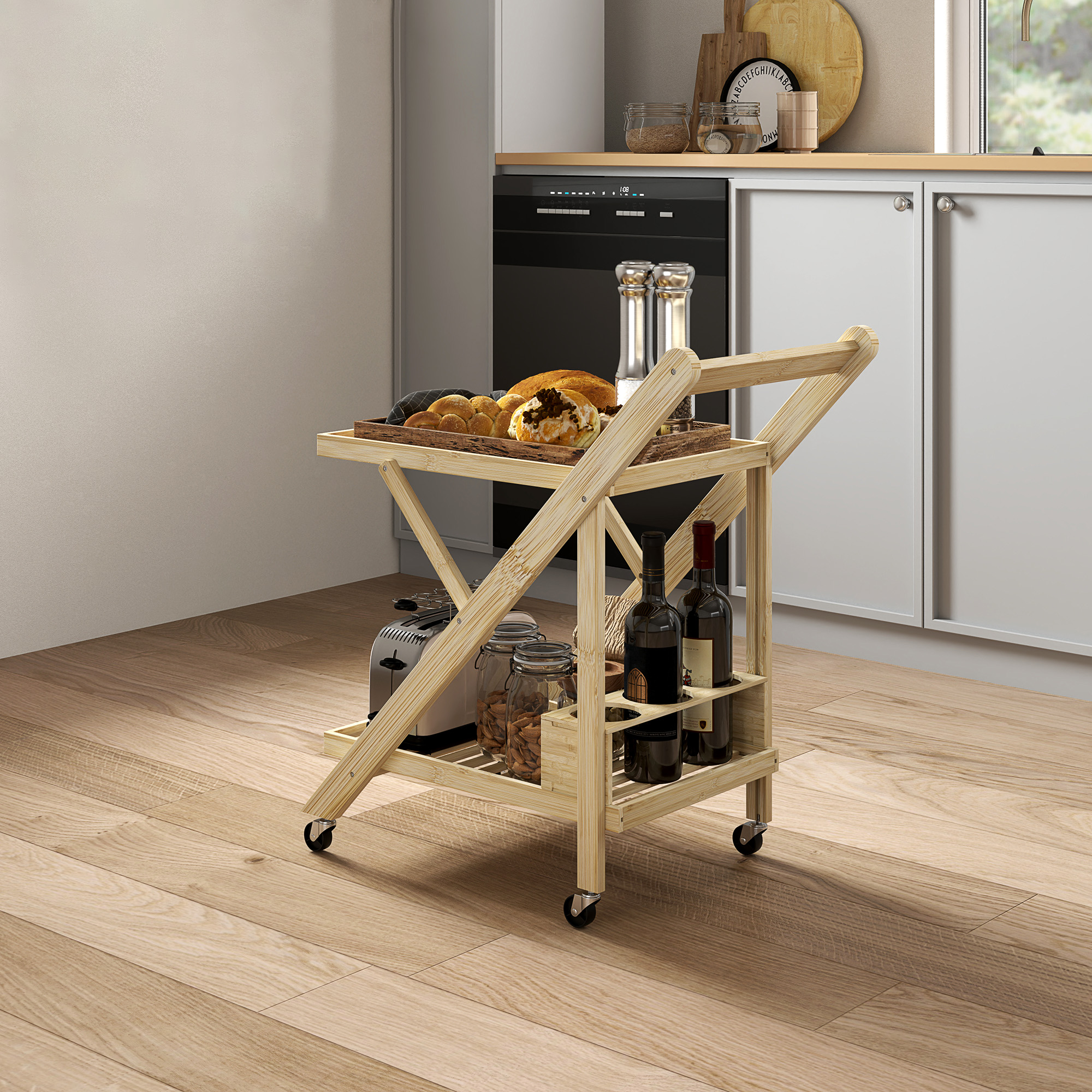 Keukentrolley op Wielen, Serveerwagen met 3 Wijnrekken, 2 Plateaus, voor Keuken, Eetkamer, Bamboehout, Lichtbruin