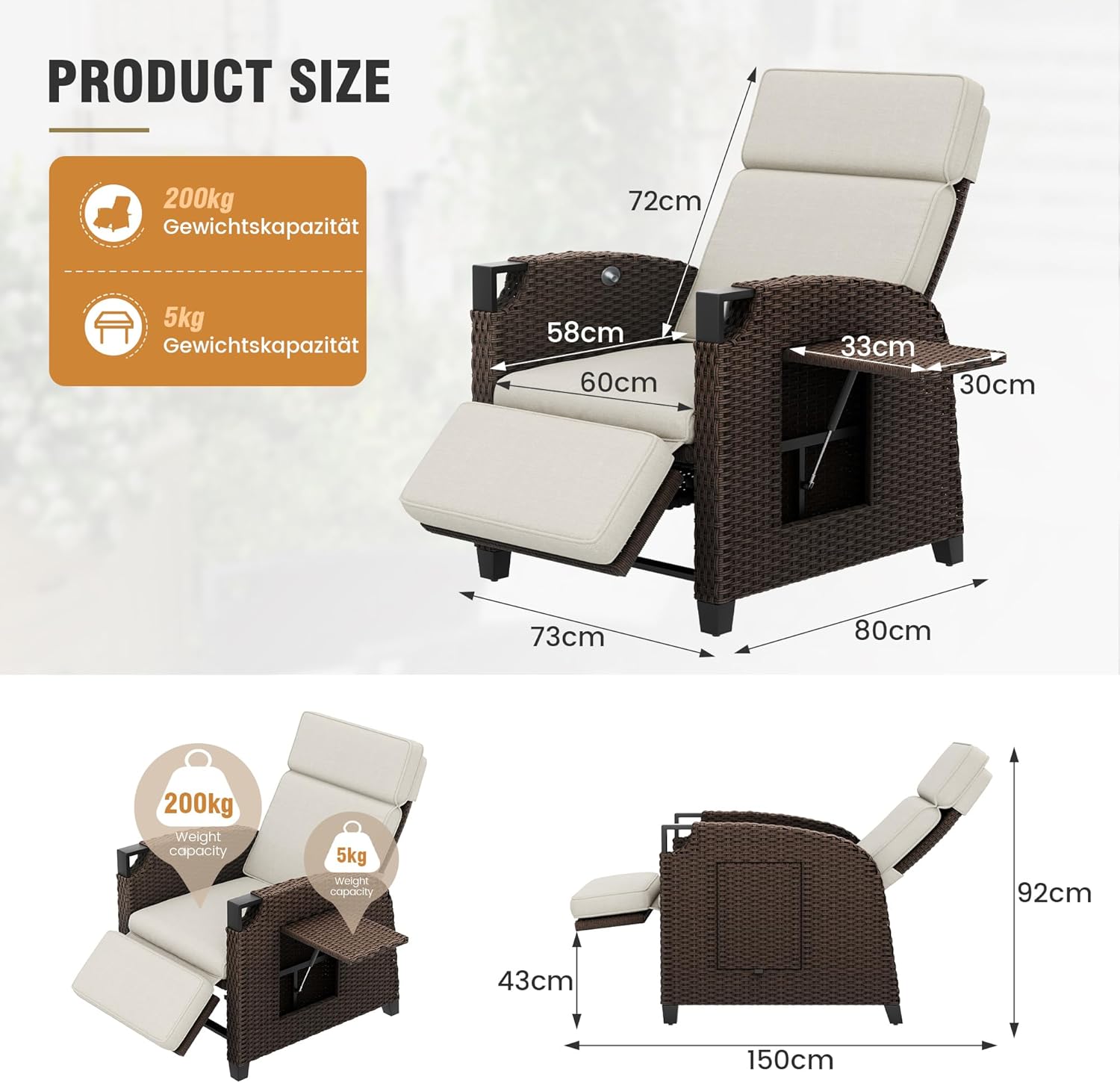 Amopatio Relaxliege Liegesessel, Rattan Sonnenliege mit Verstellbar Rückenlehne und Klapptisch, Outdoor Gartensessel wetterfestes, für Terrasse, Garten, Balkon – Beige & Braun