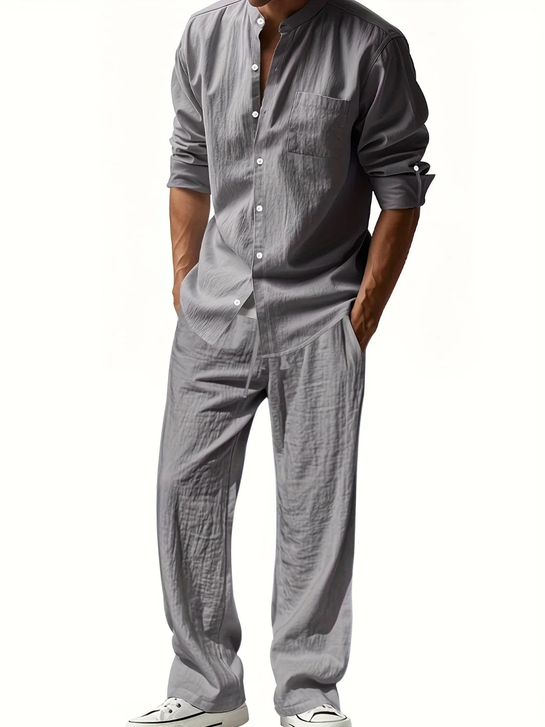 Leinen Set Herren | Luftiges Sommer Set aus atmungsaktivem Leinen mit Stehkragen Hemd und Relaxed Fit Hose f��r den Urlaub