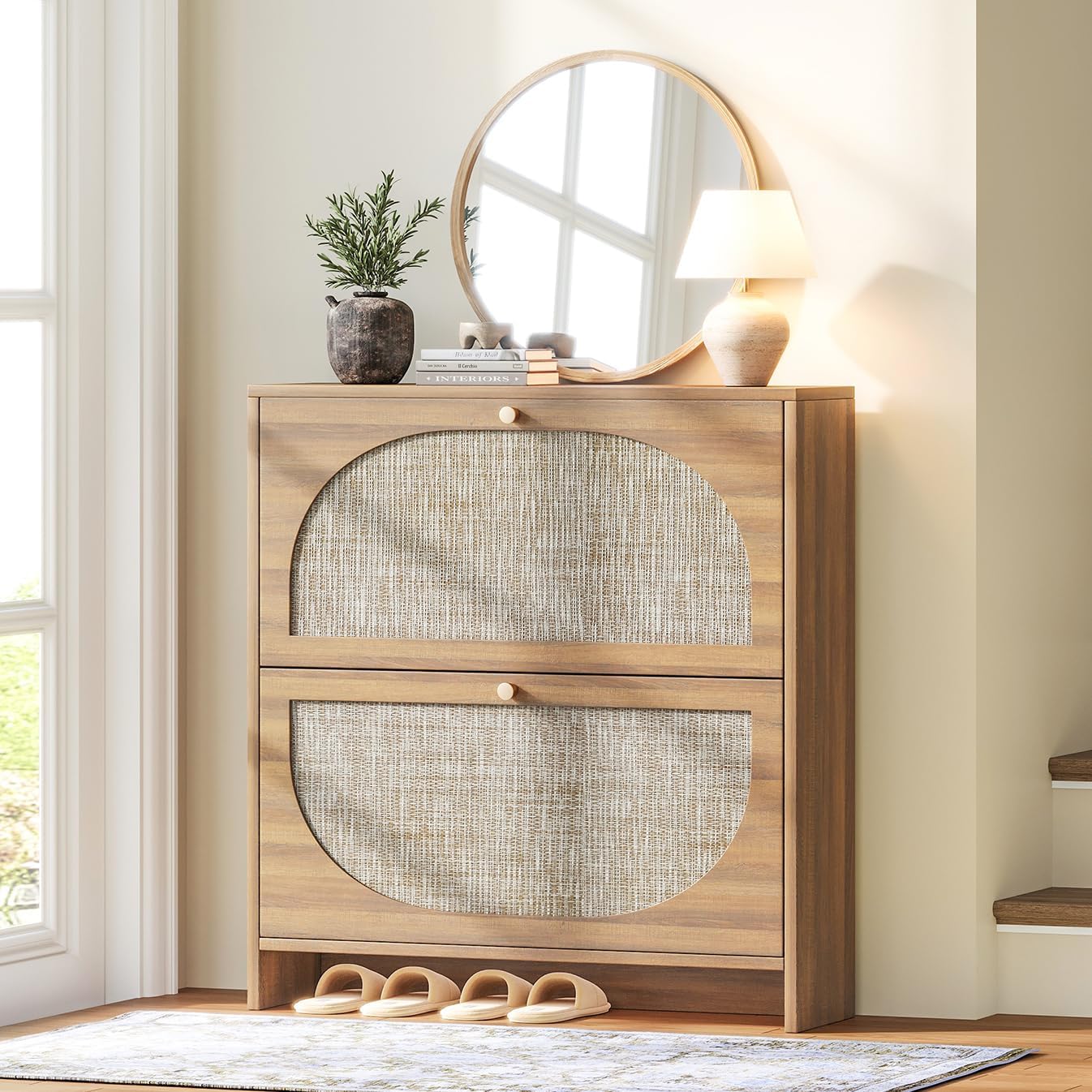 Nicetree Freestanding Ultra Slim Arched Rattan Accent Shoe Storage Modern Rustic Shoe Rack