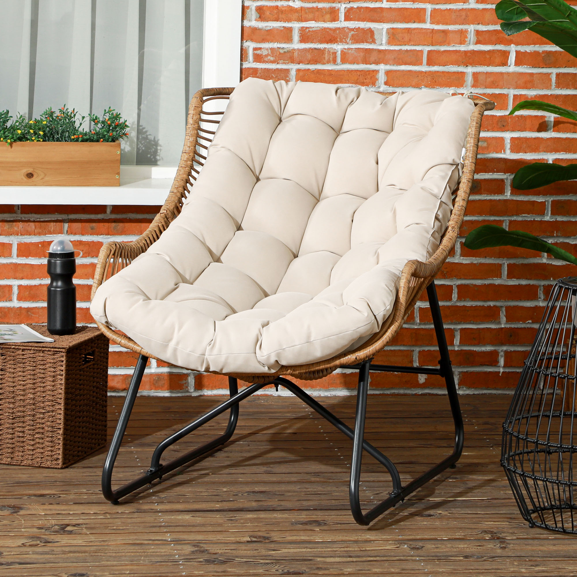 Outsunny Tuin Lounge, Rotan look, Buitensstoel, met Kussen, Metalen frame, 75x101x90 cm, Natuur/Khaki/Zwart