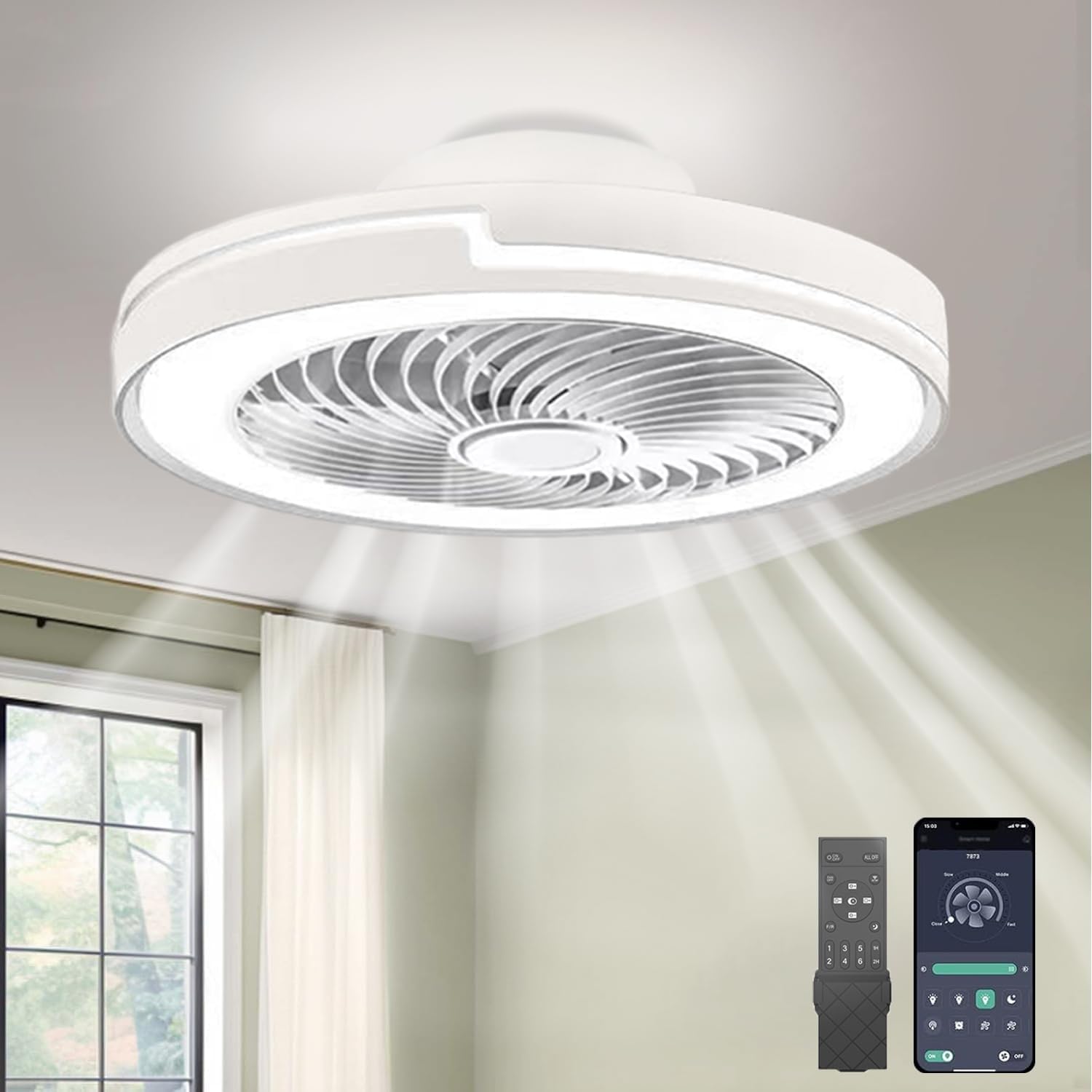 LED Deckenventilator mit Beleuchtung Leise 6 Windstufen, lampe mit ventilator, APP, Modernes Design deckenventilator mit licht für Wohnzimmer Schlafzimmer,(50CM，Weiß)