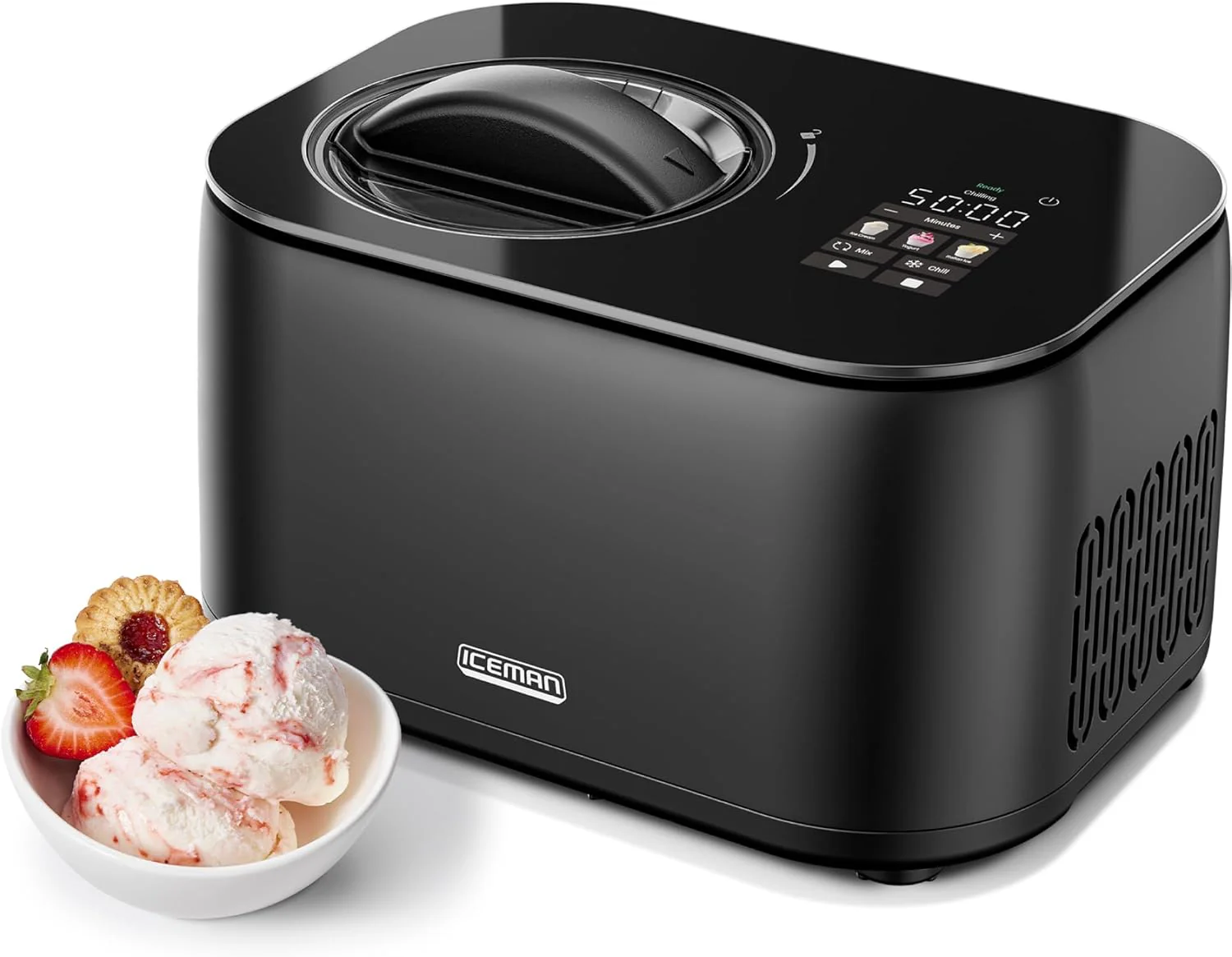 Iceman by Chefman Ice Cream Maker. No Pre-Freezing with Built-In Compressor. Makes Ice Cream. Froyo. Sorbet. Sherbet. Italian Ice. Frozen Yogurt. Digital Display w/ 3 Presets. 2 Pint Inserts Included