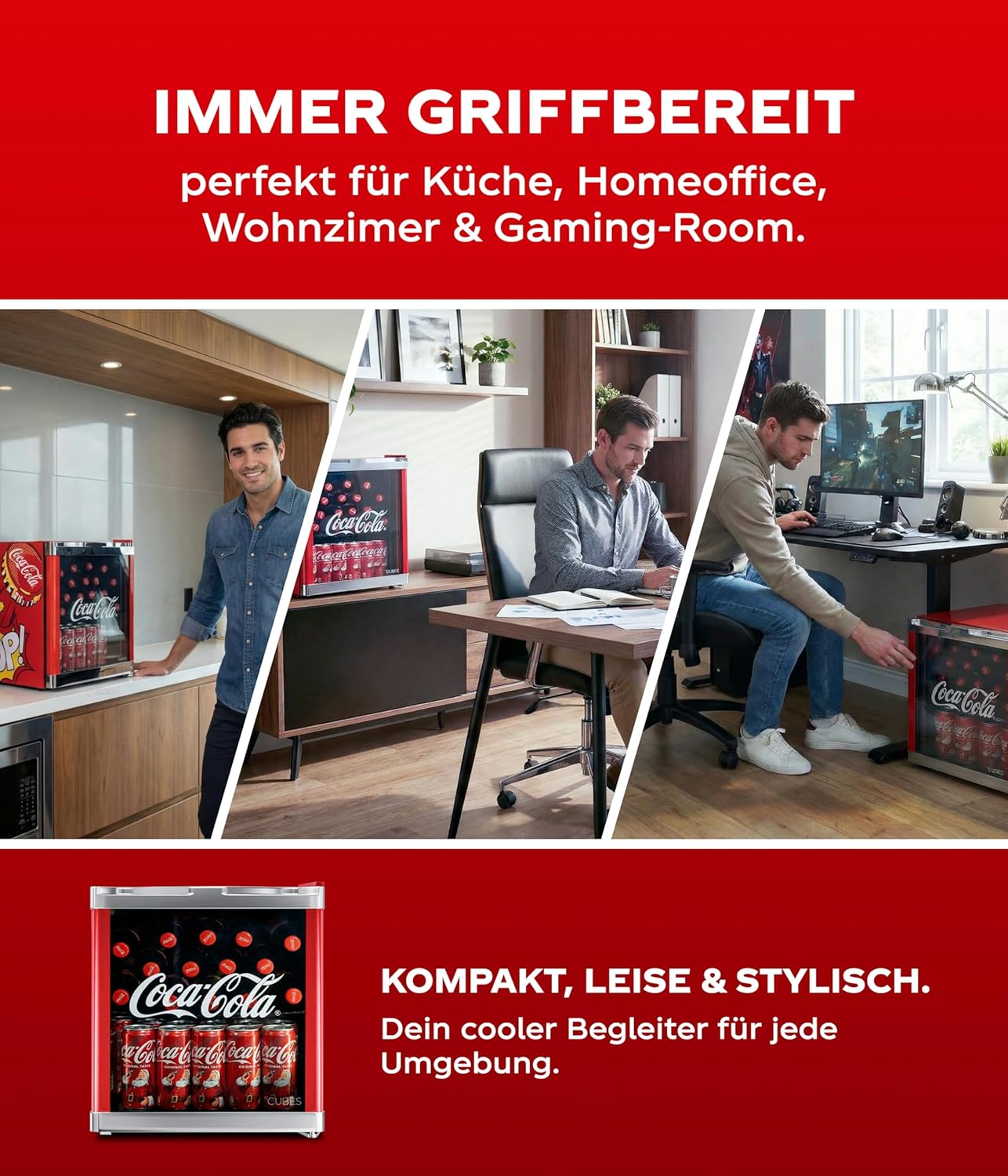 °CUBES Original Coca-Cola PopArt Mini Kühlschrank Rot (48L) - Getränkekühlschrank mit Glastür, leise & energieeffizient - Perfekt für Büro, Partys & Gaming - Cooler Flaschenkühlschrank - Für Getränke