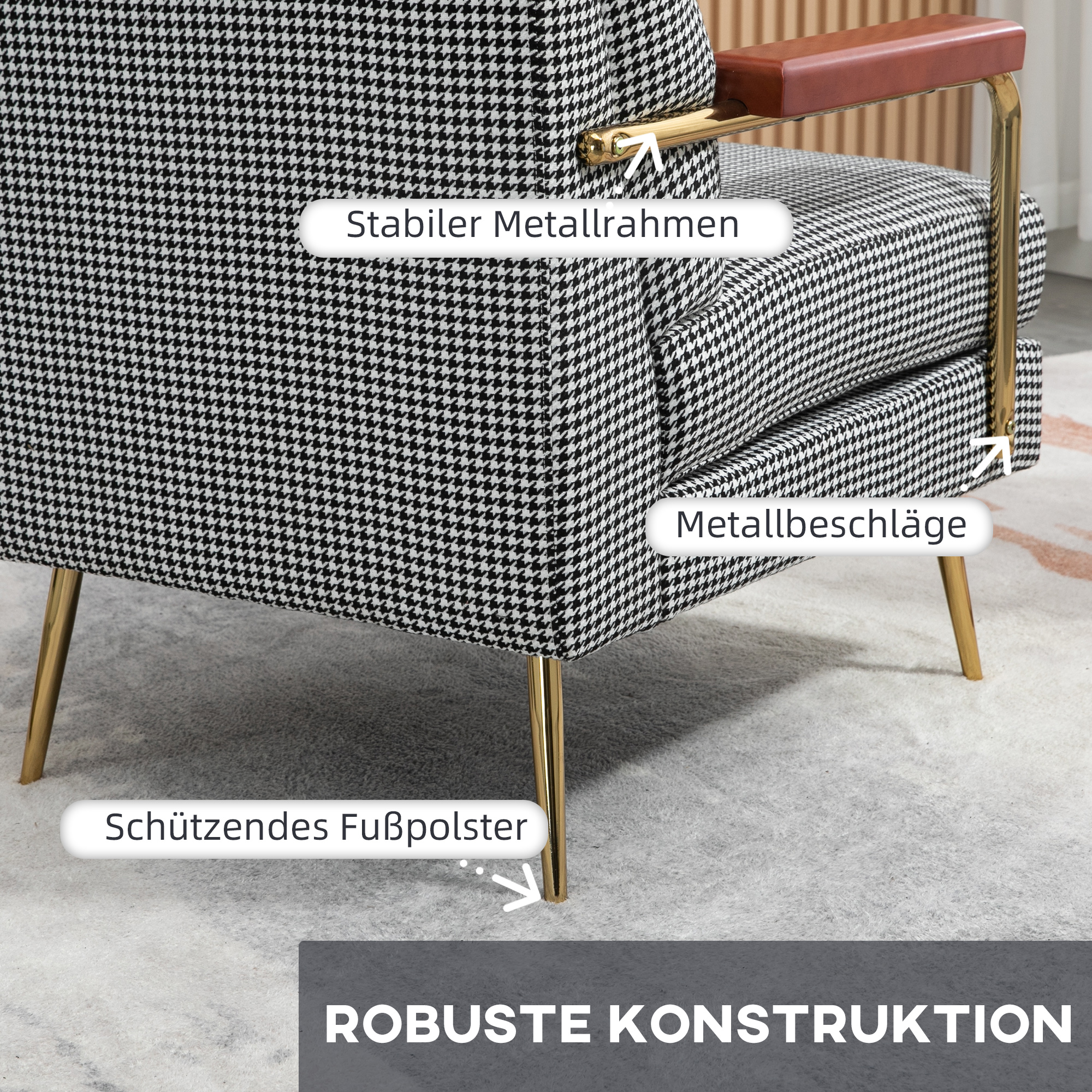 Fauteuil in retrodesign, accentstoel, pied-de-poulepatroon, houten elementen, binnenvering, zwart+wit