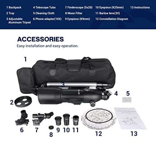 Telescopi per adulti Astronomia Principianti Telescopi 80mm con 10X Phone Mount Telescopio Treppiede e Custodia : Elettronica