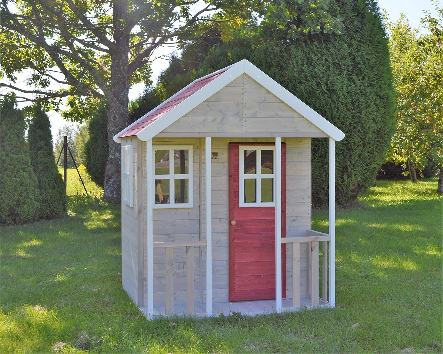 M6 Kinder Spielhaus Holz Outdoor, Gartenhaus für Kinder FSC Holz, 120×120×155 cm, mit Kunststofffenstern, Veranda, Regal, Tür, Kinderspielhaus für Garten, wetterfest, Rot