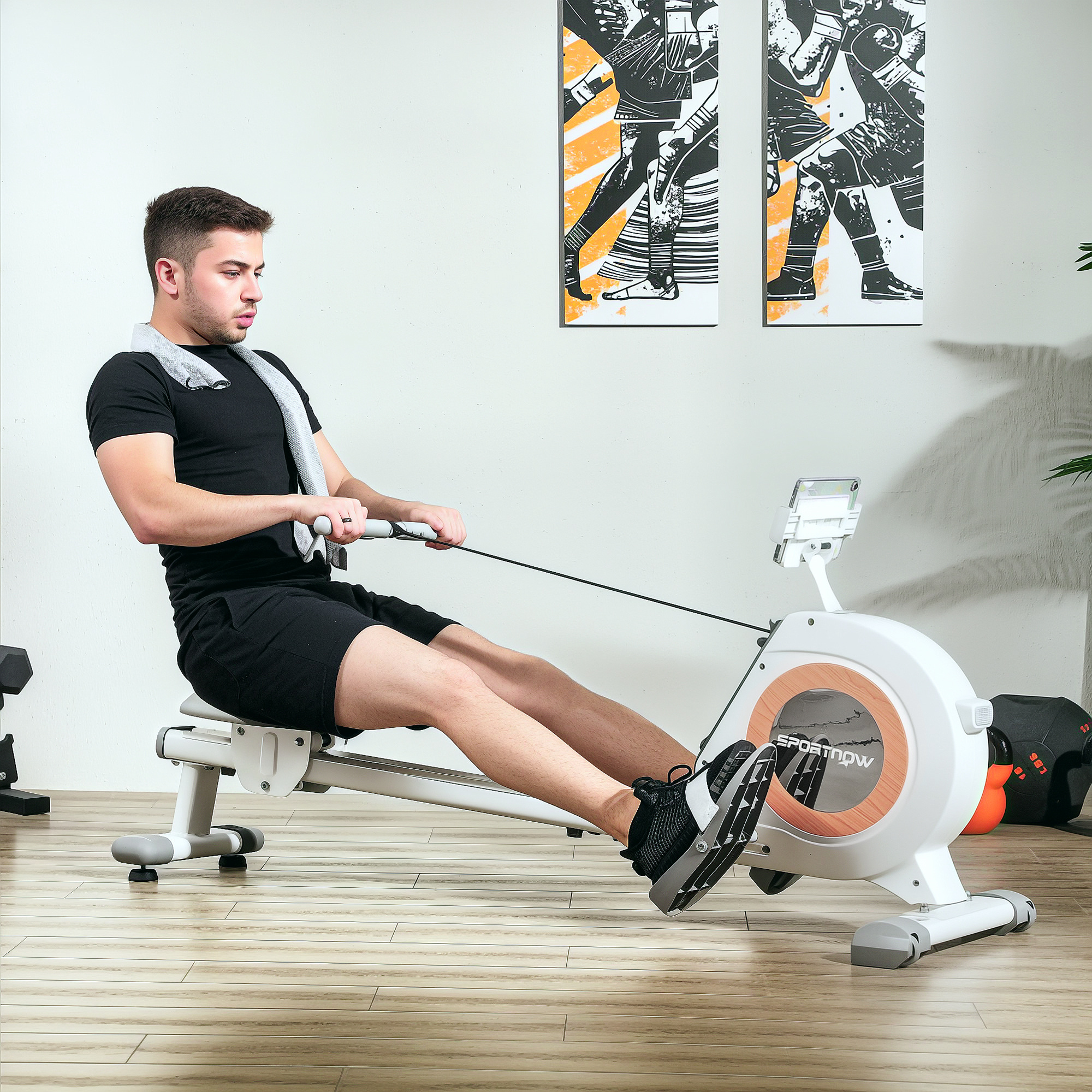 SPORTNOW Roeiapparaat met 16 verstelbare niveaus, LCD-monitor en mobiele telefoonhouder, voor thuisfitness, 150 kg belastbaar