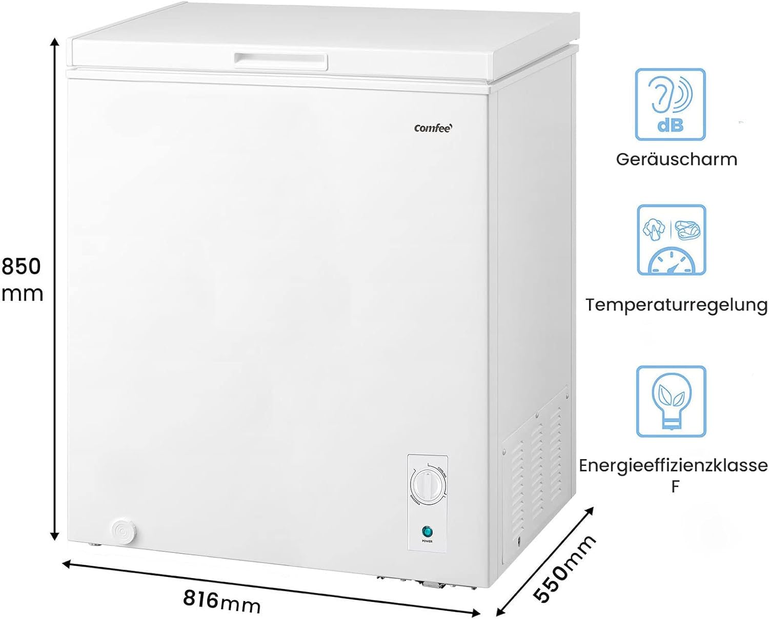 Comfee RCC100WH2(E) Gefriertruhe/169 kWh/Jahr/85cm hoch/99L/38dB/Geringe Lautstärke/Hoch effizientesD-förmigesRohr/Geeignet für verschiedene Einsatzszenarien/Einstellbarer Temperaturregler/Weiß