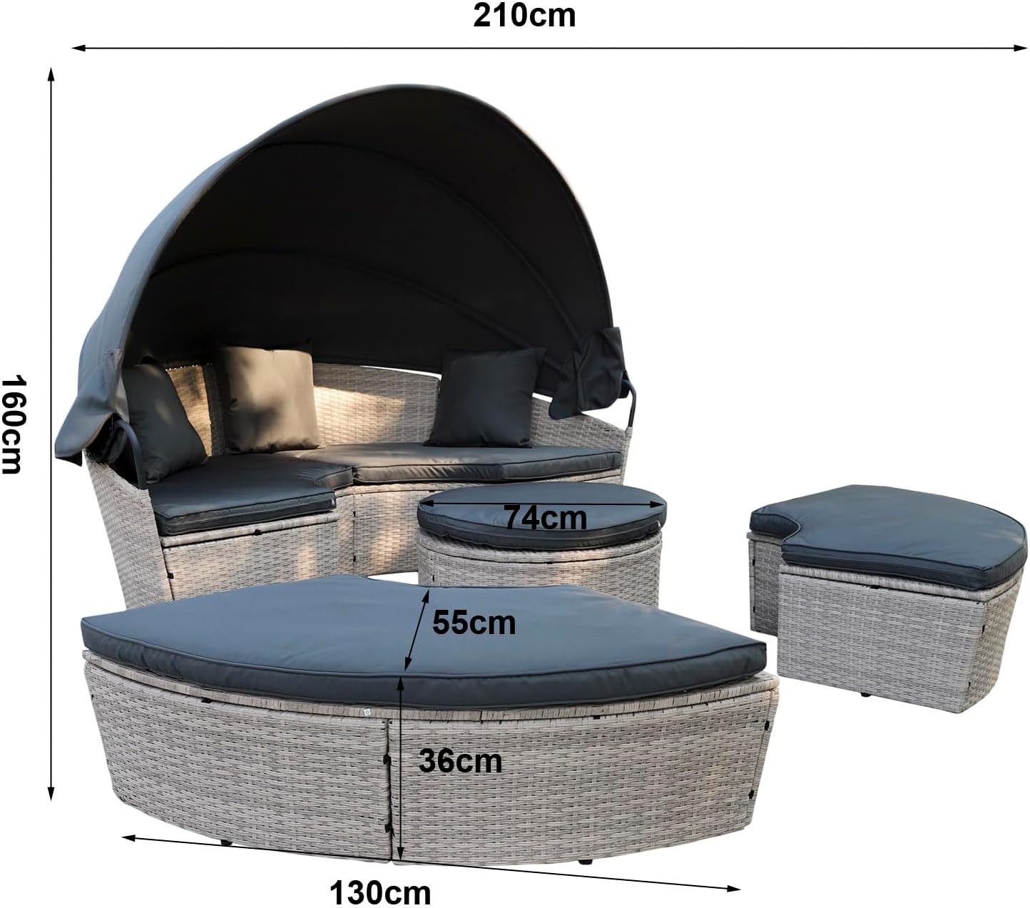 Poly Rattan Sonneninsel XL mit faltbarem Sonnendach Ø 180/210 cm inkl. Auflagen Kissen, Lounge Sonnenliege Gartenmuschel (Hellgrau, Dia 210)