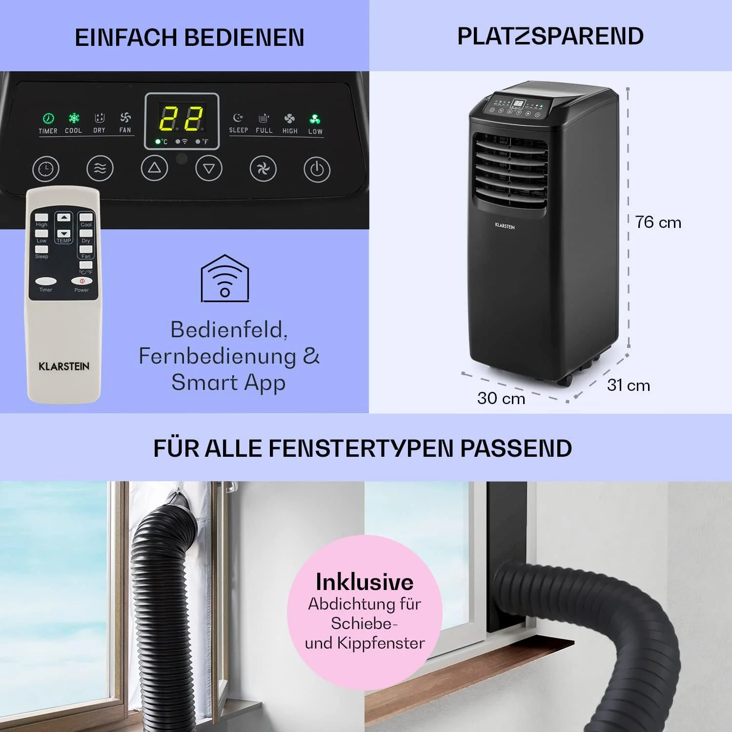 Klarstein Airconditioner, 4-in-1 Airconditioningsysteem, Luchtontvochtiger, Ventilator & Nachtmodus, Mobiele airconditioner met afvoerslang, App-bediening, Airconditioner voor ruimtes tot 44 m2, 9000 BTU, Wit