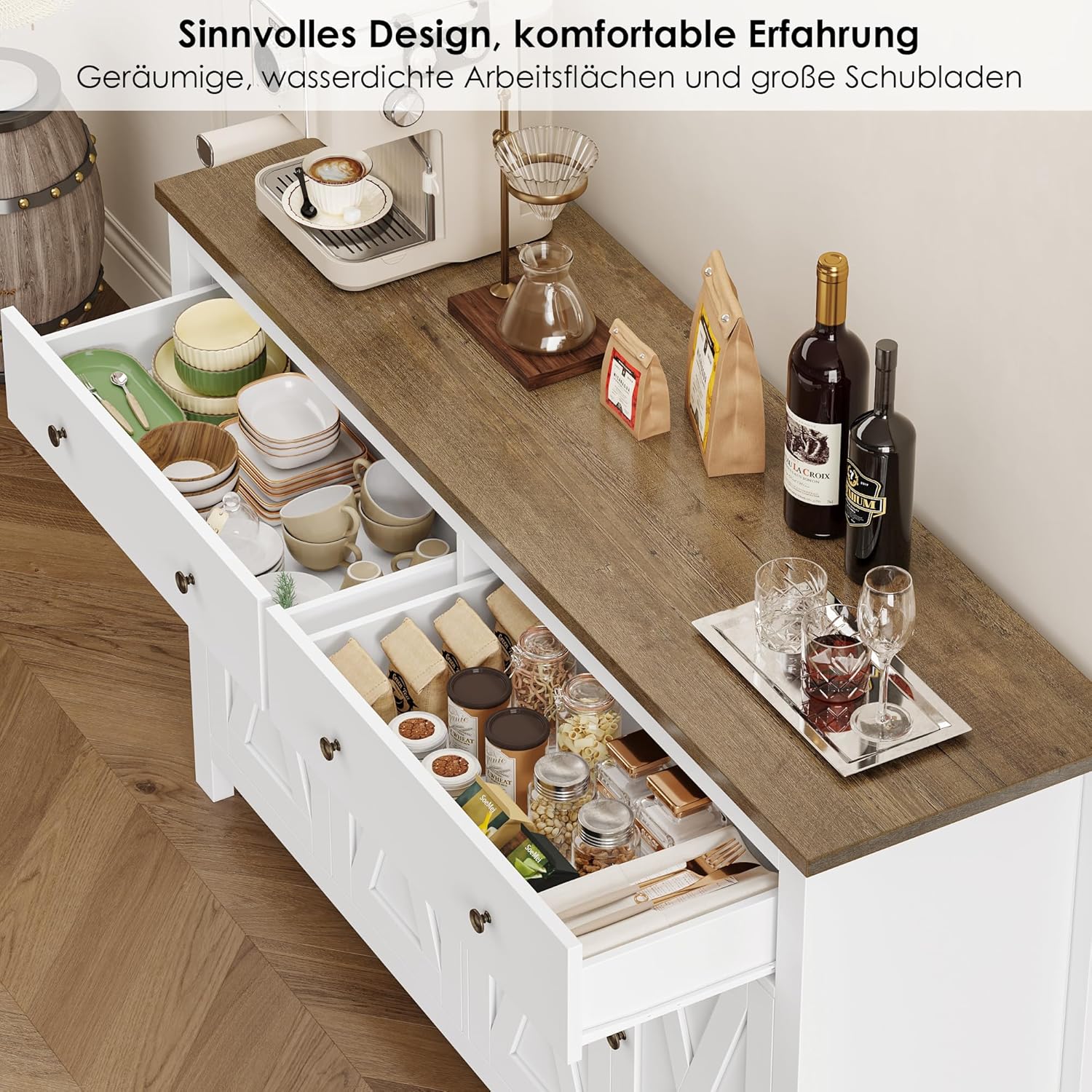 FirFurd Sideboard 140cm Breit Küchenschrank mit Arbeitsplatte Buffetschrank mit 2 Schubladen und 4 Türen Küchenbuffet mit Verstellbares Regal Sideboard für Küche Wohnzimmer Esszimmer weiß 140x89x40 cm