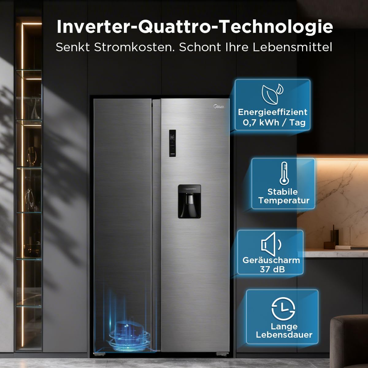 Midea Side by Side Kühlschrank MDRS710FGD46W, 553L XXL-Kapazität, Wasserspender, Inverter Kompressor, SuperCool & SuperFreeze, 360° Multi-Air Flow, No-Frost, 37dB Leise, Steel Gray
