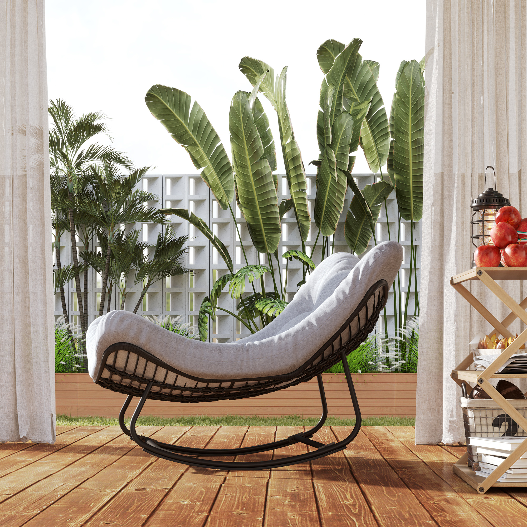 Rattan Schommelstoel Tuinbank met Stalen Frame en Kussen Schommelbank 98 x 111 x 74 cm Grijs
