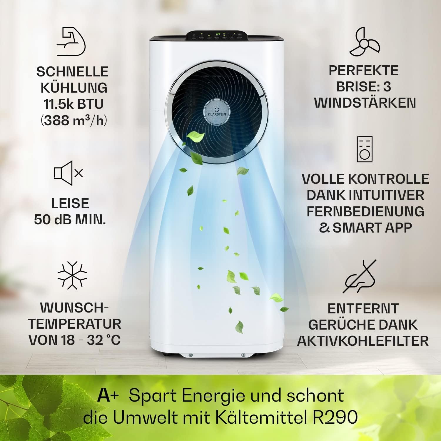 Klarstein Mobile Klimaanlage mit Abluftschlauch, 5-in-1 Klimagerät, Ventilator, Luftentfeuchter, Luftreiniger & Nachtmodus, App-Steuerung, Kleine & Portable für Wohnung & Büro, 12000 BTU