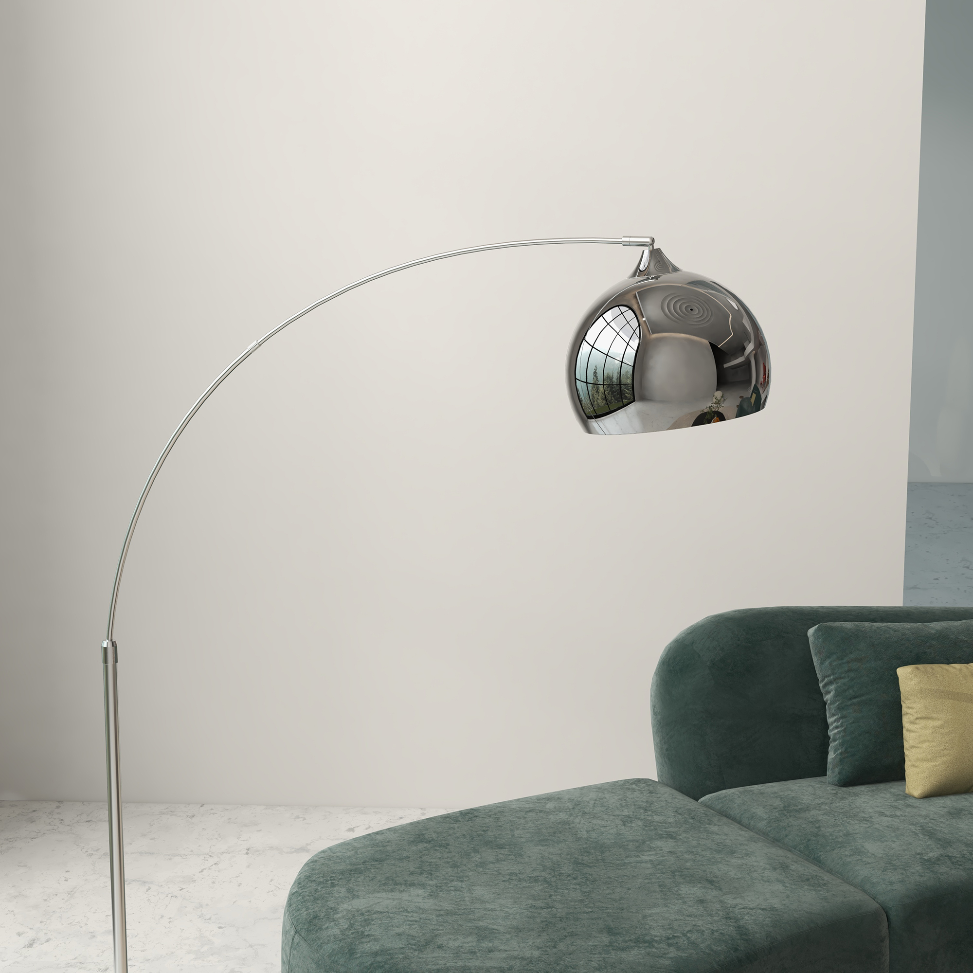 Booglamp, Staande Lamp, Verstelbaar, Voetschakelaar, Voet in Marmerlook, 170-180cm, Zilver/Zwart
