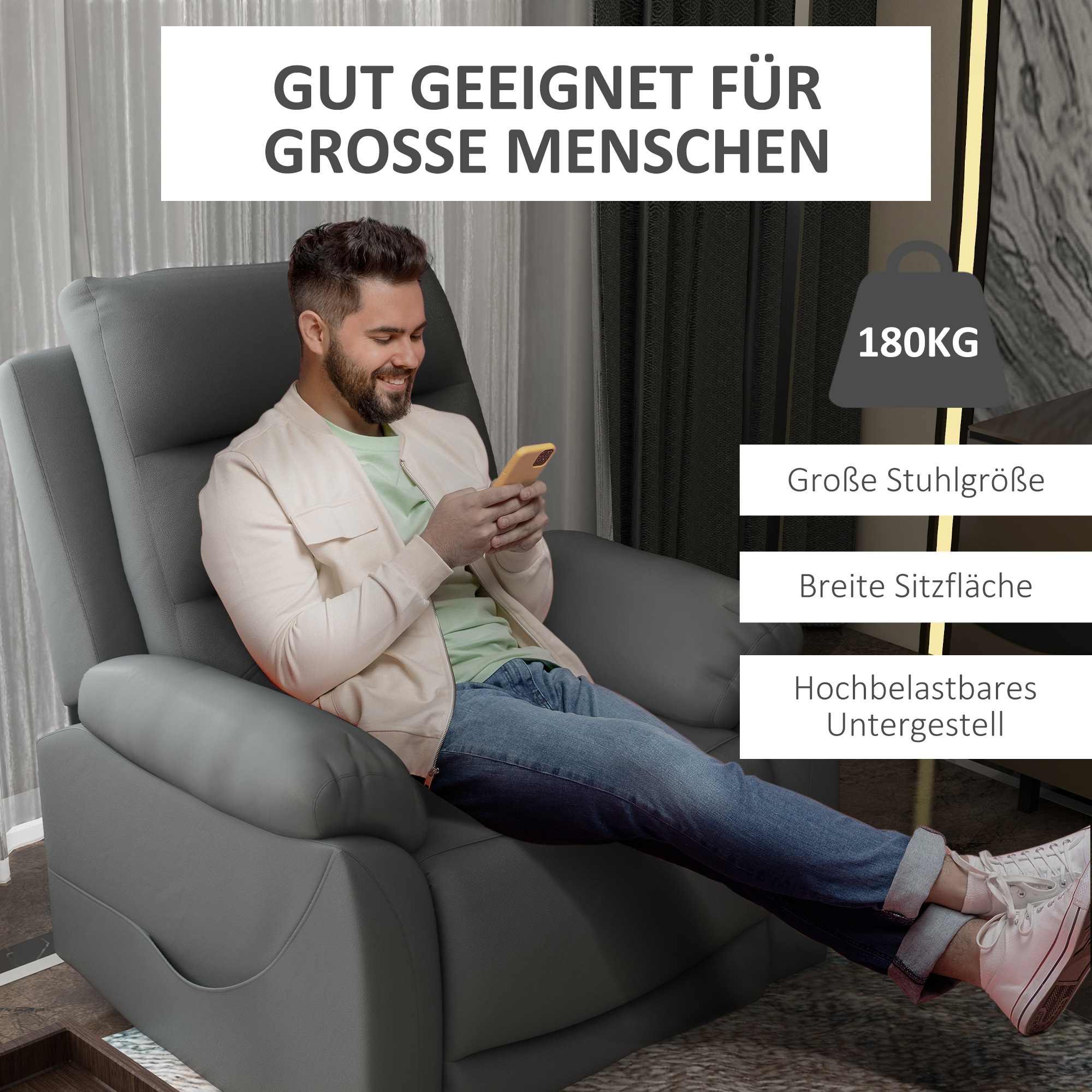 Relaxstoel met Opstahulp, Massagefunctie, Tot 180 kg, Kunstleer, Grijs