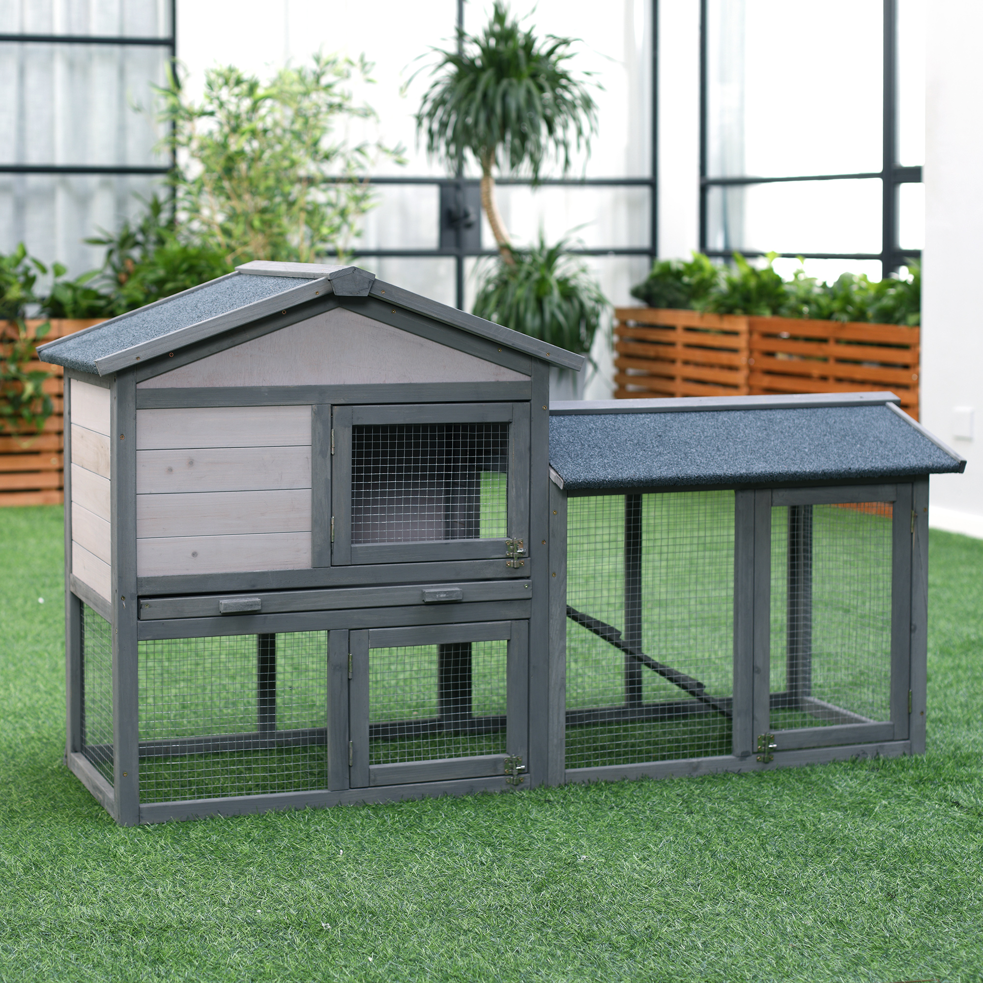 PawHut Konijnenhuis konijnenhok kippenhok hok voor cavia's konijnen 3 deuren