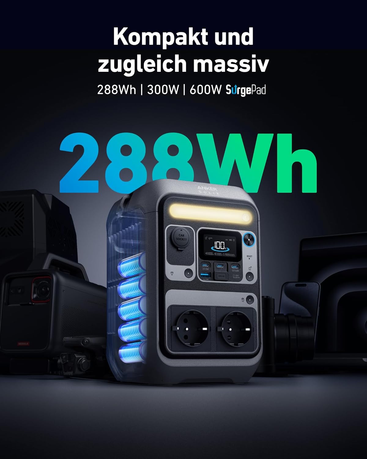 SOLIX C300 Tragbare Powerstation, 288Wh LiFePO4 Akku, 300W (Max 600W) Solargenerator, 140W Beiseitige Schnellladeleistung, Für Camping, Draußen, Reisen, Notfälle, unterwegs (Solarpanel Optional)