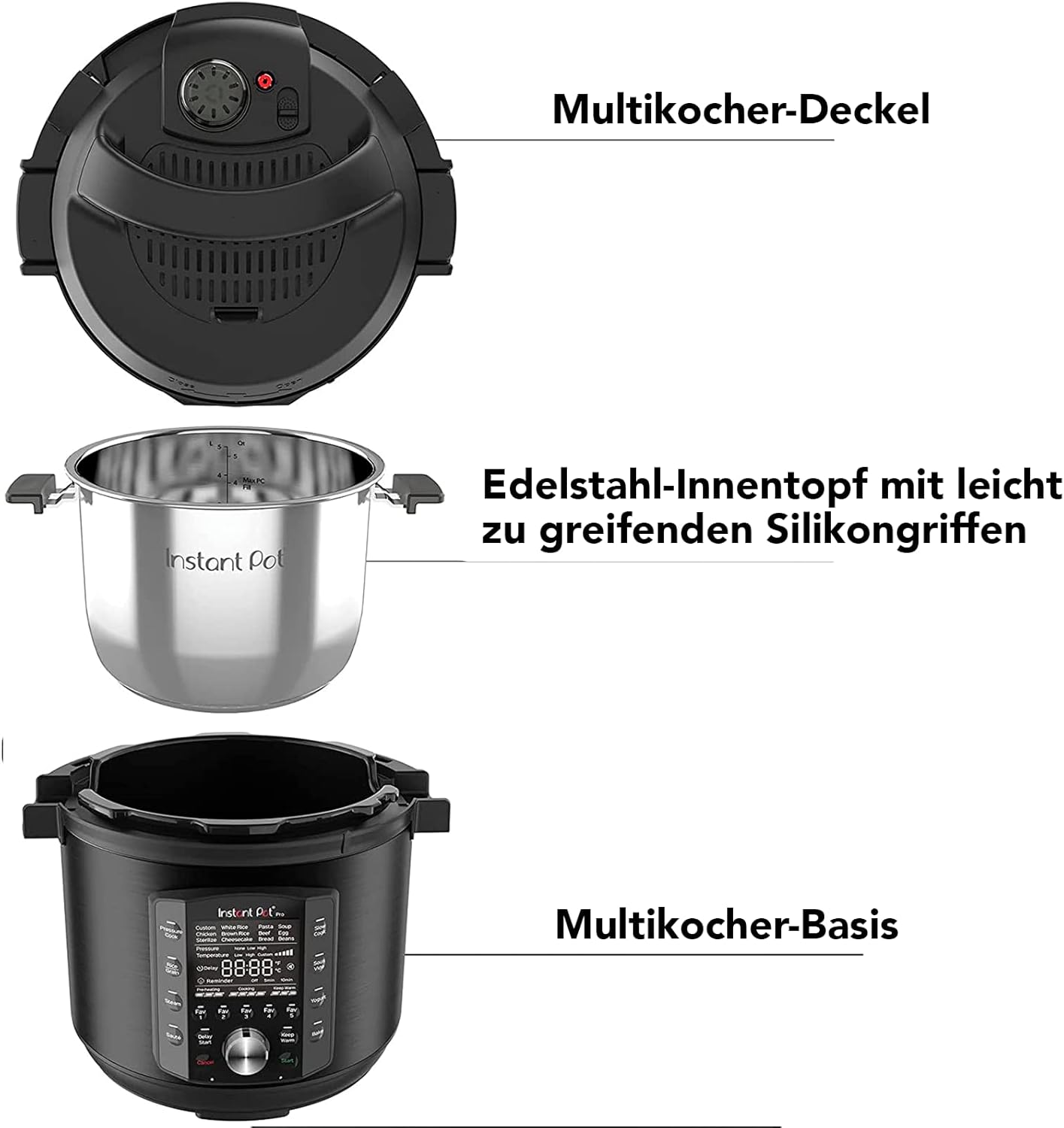 Instant Pot Pro 10-in-1-Elektro-Multikocher 1200 W, 5,7 L – Schnellkochtopf, Schongarer, Reiskocher, Dampfgarer, Sautierpfanne, Sterilisator, Joghurtbereiter, Sous Vide Gert – Schwarzer Edelstahl
