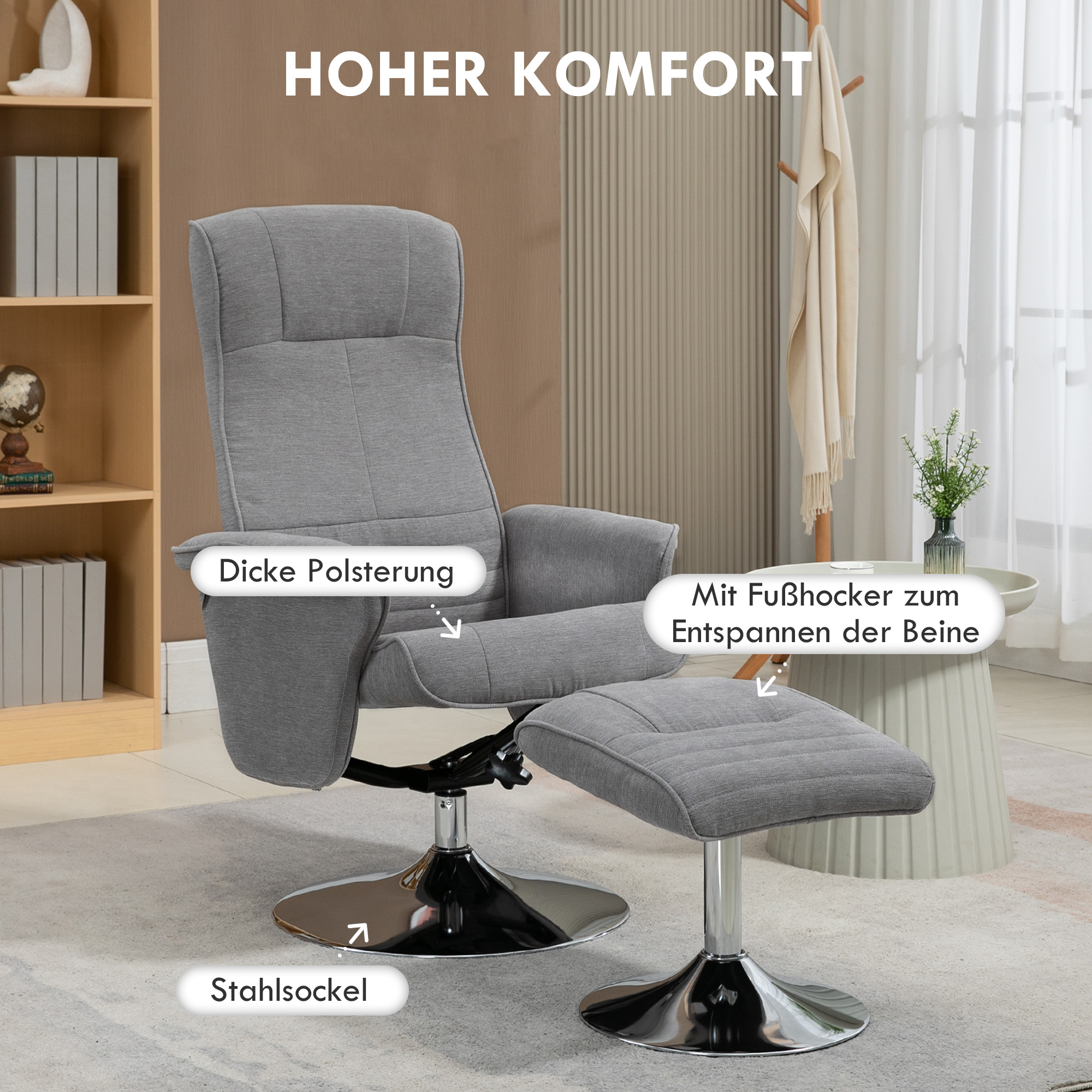 Relaxstoel met Voetenbank, Draaibaar, Kantelbare Rugleuning, Belastbaar tot 150 kg, 69 x 71 x 104 cm, Grijs
