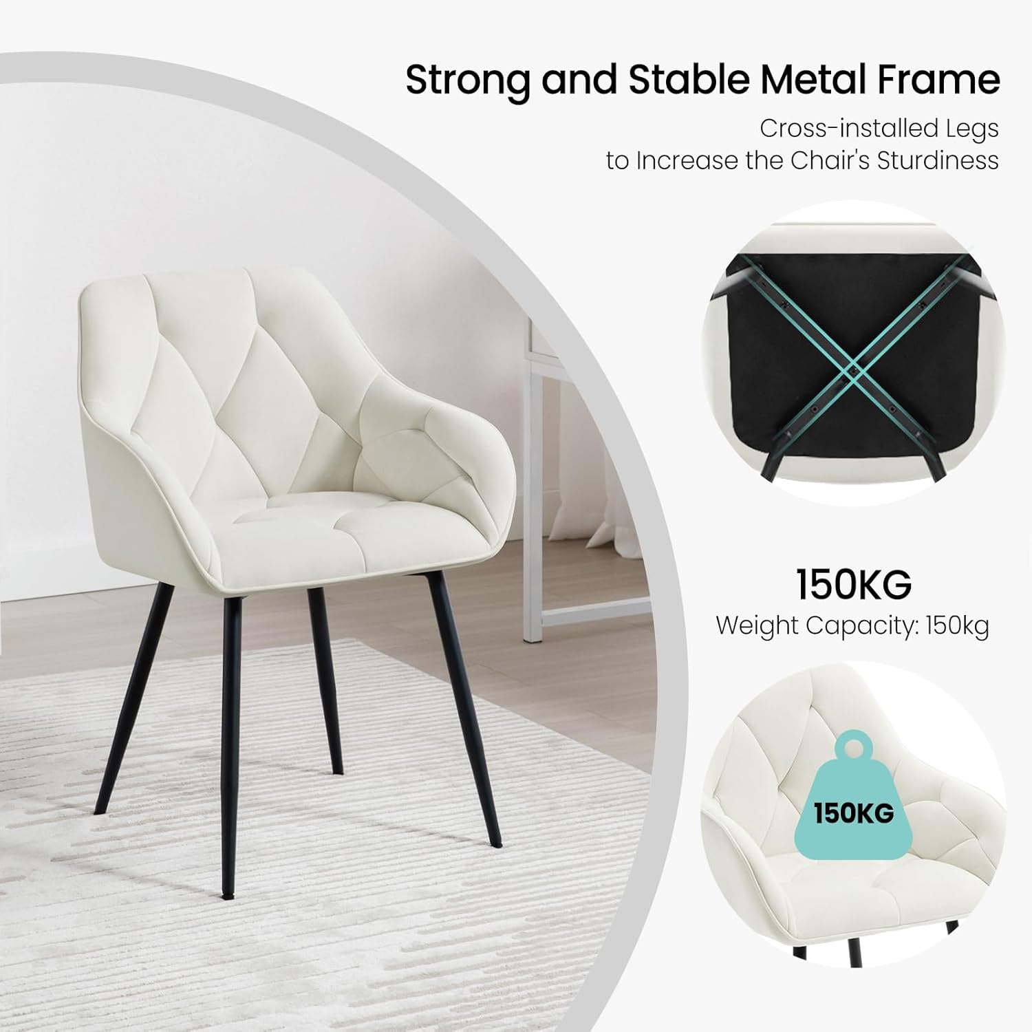 WOLTU Esszimmerstühle 2er Set, für Esszimmer Wohnzimmer, ergonomische Küchenstühle gepolstert mit Armlehnen, Metallbeinen, Sitzfläche aus Samt, Cremeweiß