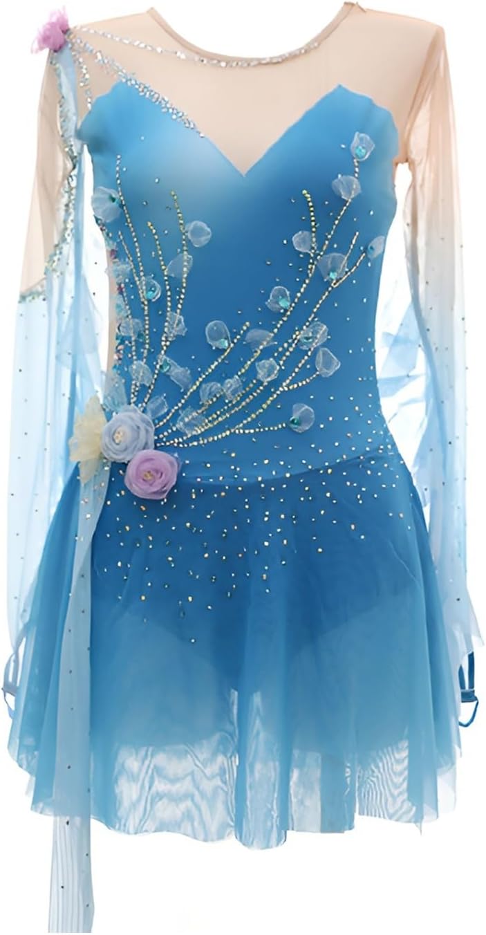 Mädchen-Eiskunstlaufkleid Mit Langen Ärmeln Und Rock, Elastisches Wettkampf-Eislauf-Outfit
