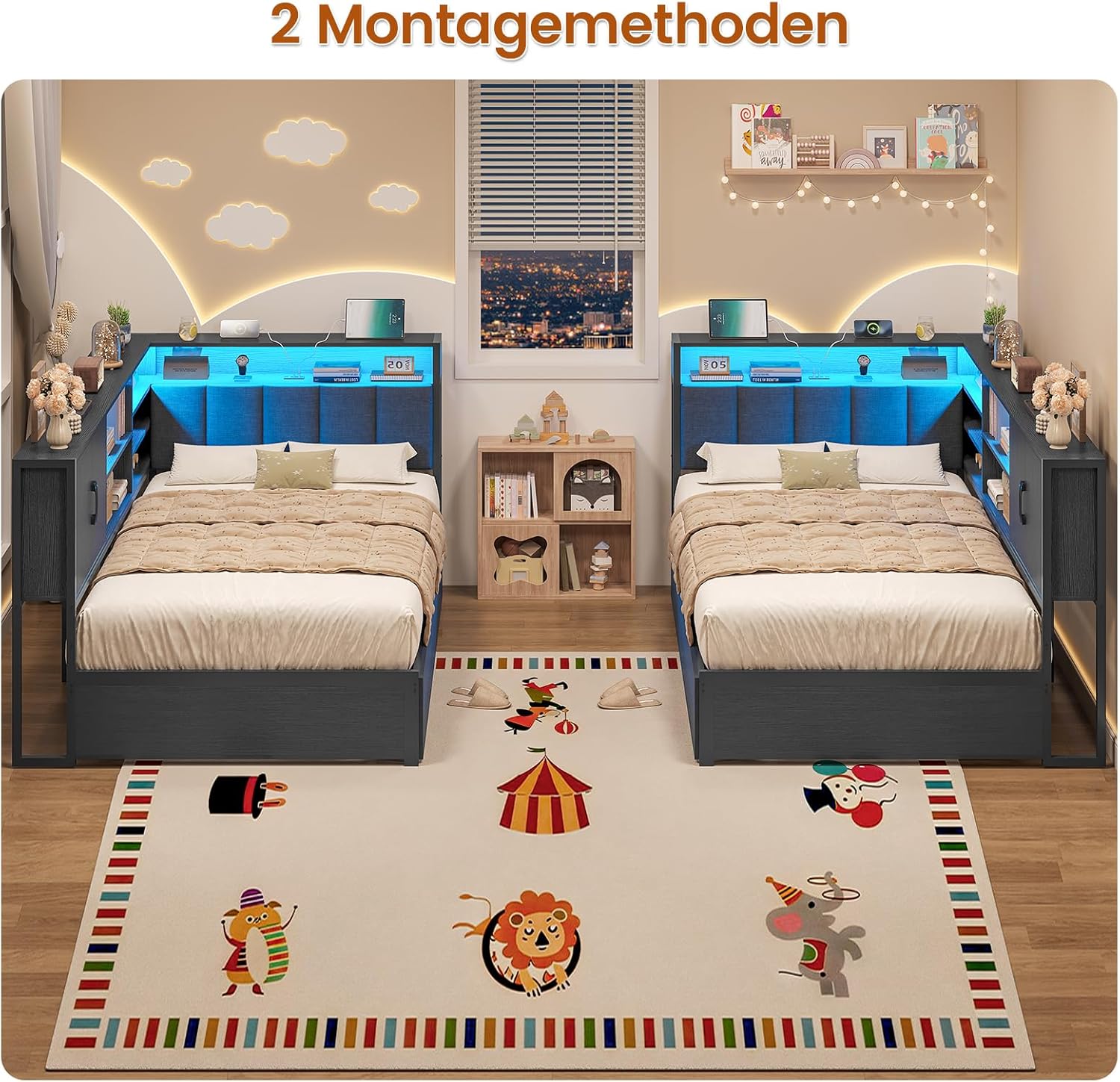 Polsterbett Schlafsofa 90x190 mit LED-Beleuchtung, Ladestation, Tagesbett, Jugendbett mit 2 Schubladen und Lattenrost aus Metall, Kopfteil mit Stauraum, Offene Regale, Schrank, Schwarz