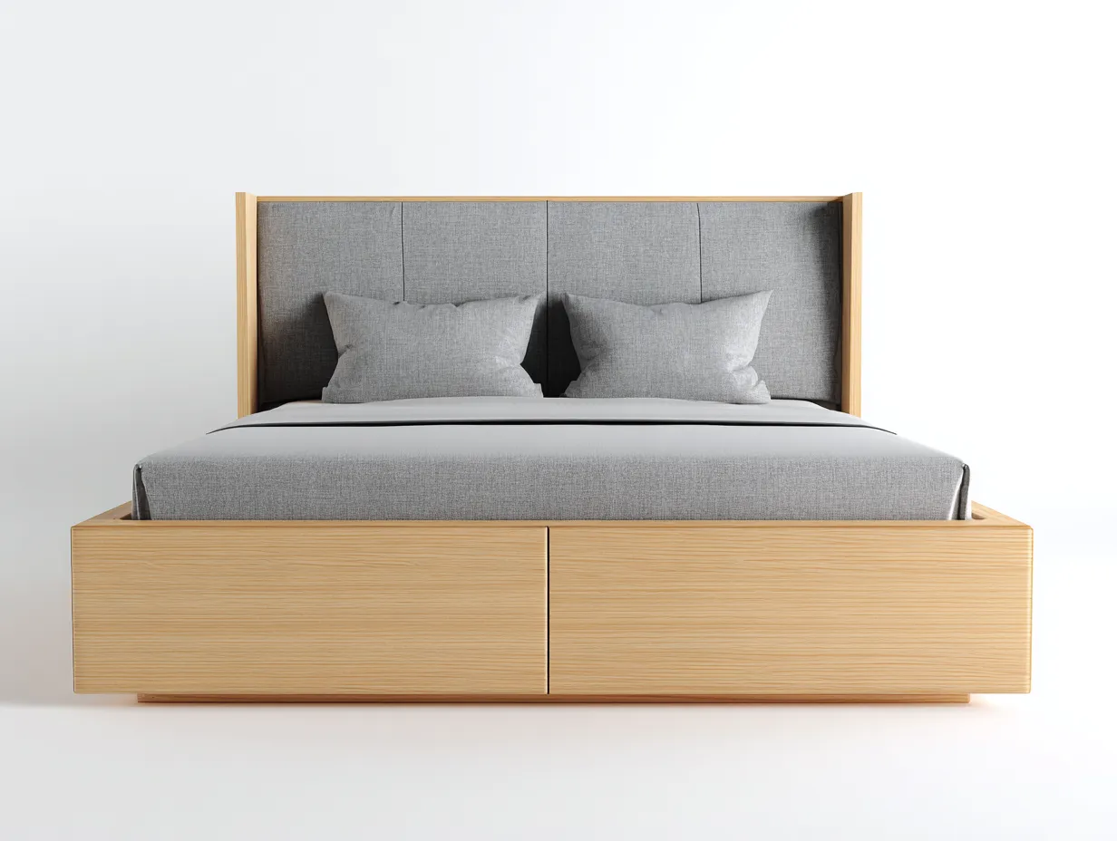 Doppelbett-Holz-Stoff-208x188x110 cm-Natur-Grau-Modernes Design