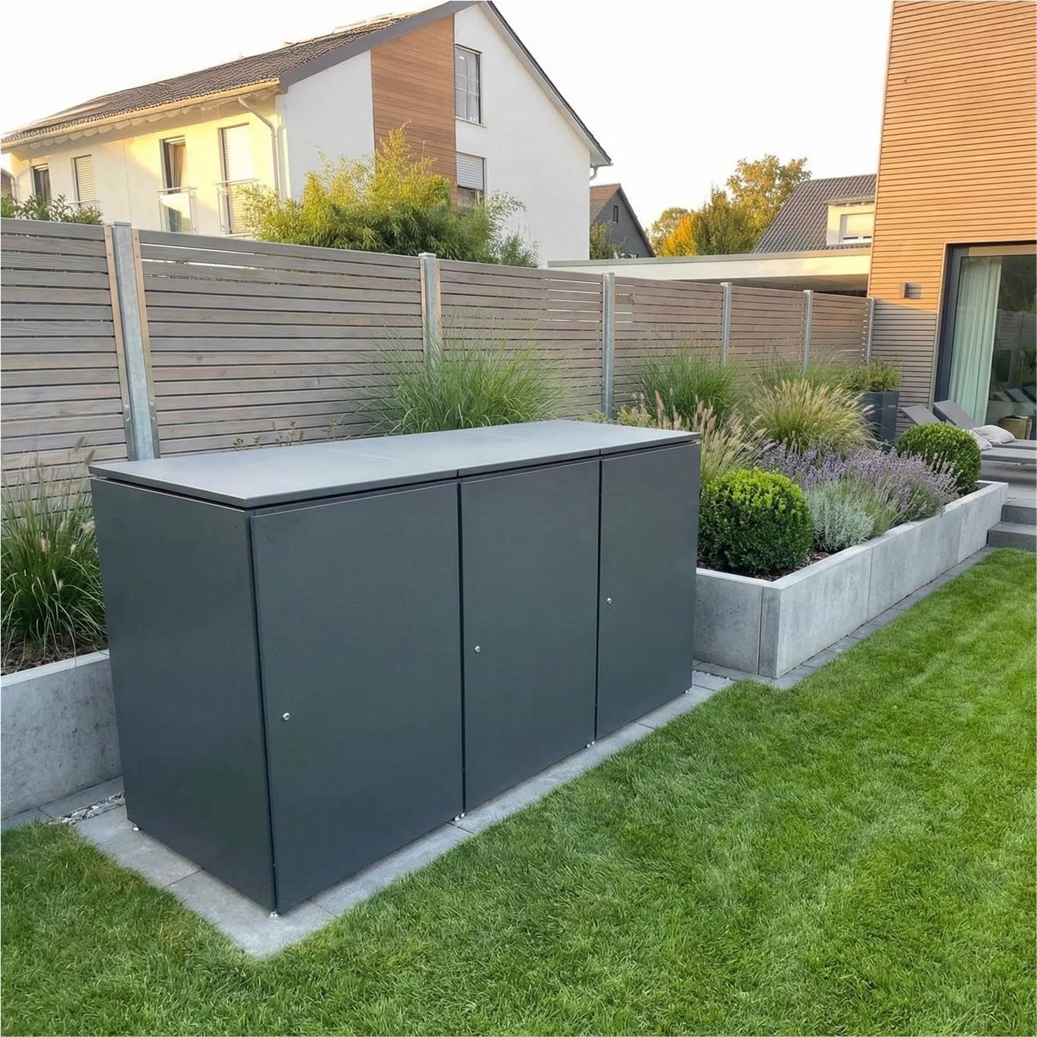 Metzler Mülltonnenbox 3er 240L in Anthrazit | Für 3 Tonnen aus Aluminium rostfrei & abschließbar | Mülltonnenverkleidung außen mit Automatikdeckel & höhenverstellbare Füße | Müllbox für Garten